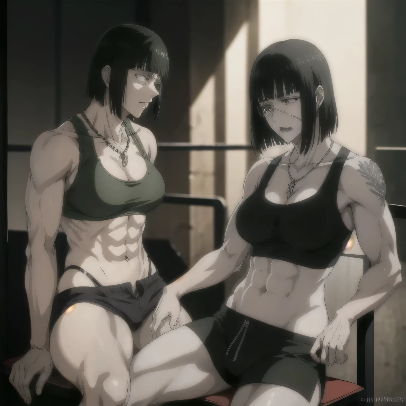 (best quality,ultra-detailed,realistic:1.37),musclaur badass girl with sculpted body have a tattoos wearing tank top and male black sport underwear, full review of the female character's face and body, intense expression, strong and confident posture, studio lighting, vivid colors, physiologically-based rendering, grungy texture, rugged background, dust particles in the air, commanding presence, professional, powerful, gritty aesthetics,Valmet،short hair,necklace,six-pack,eyepatch,handsome look,gym,Body lifting, penis growth inside shorts,Valmet prime muscles,sitting in chair,Kings session