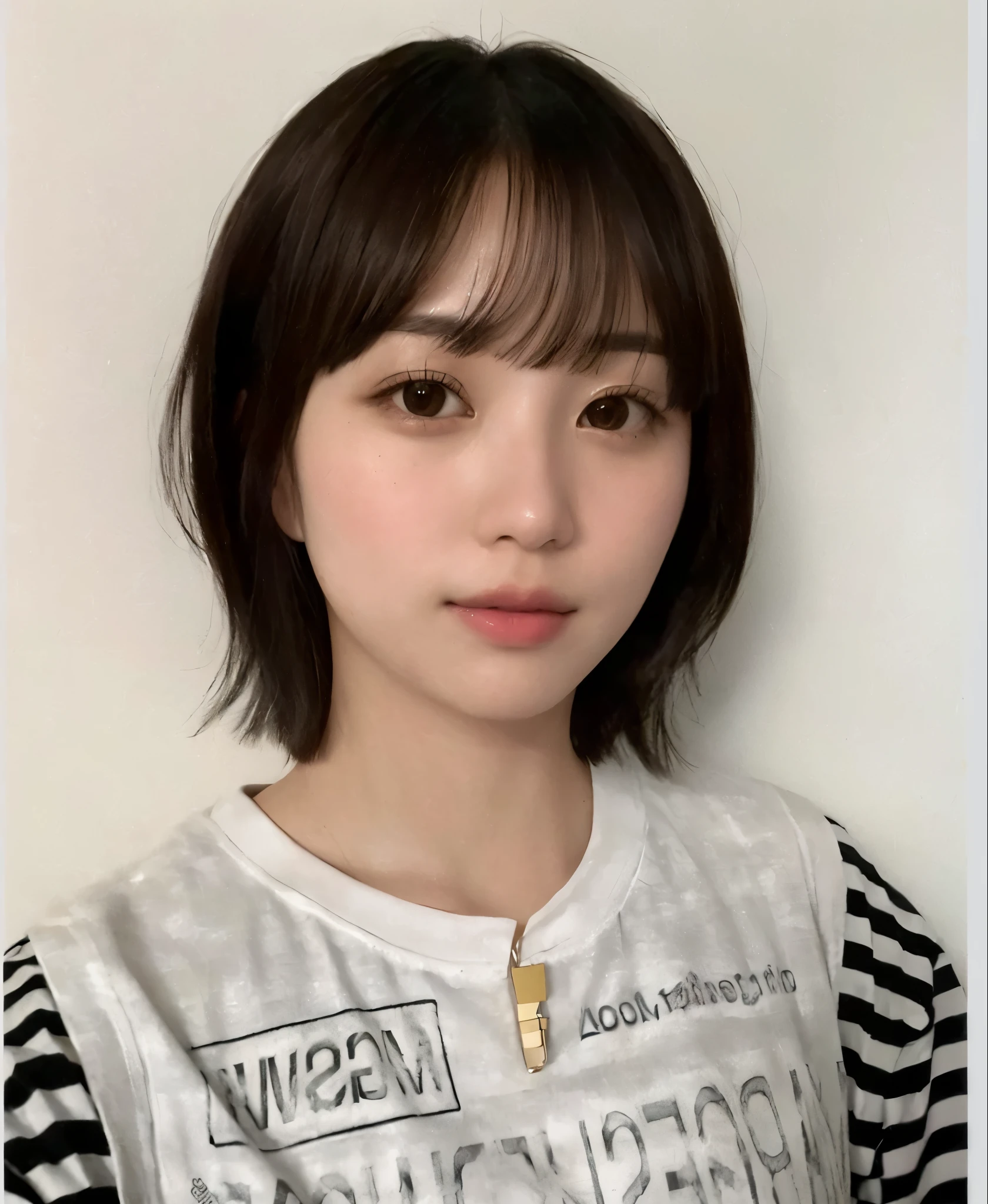 a close up of a woman with a necklace on her neck, with short hair, chiho, the hime cut, neat hair with bangs, Yoshitomo Nara, with bangs, shiori teshirogi, with short hair with bangs, narumi kakinouchi, white hime cut hairstyle, sui ishida