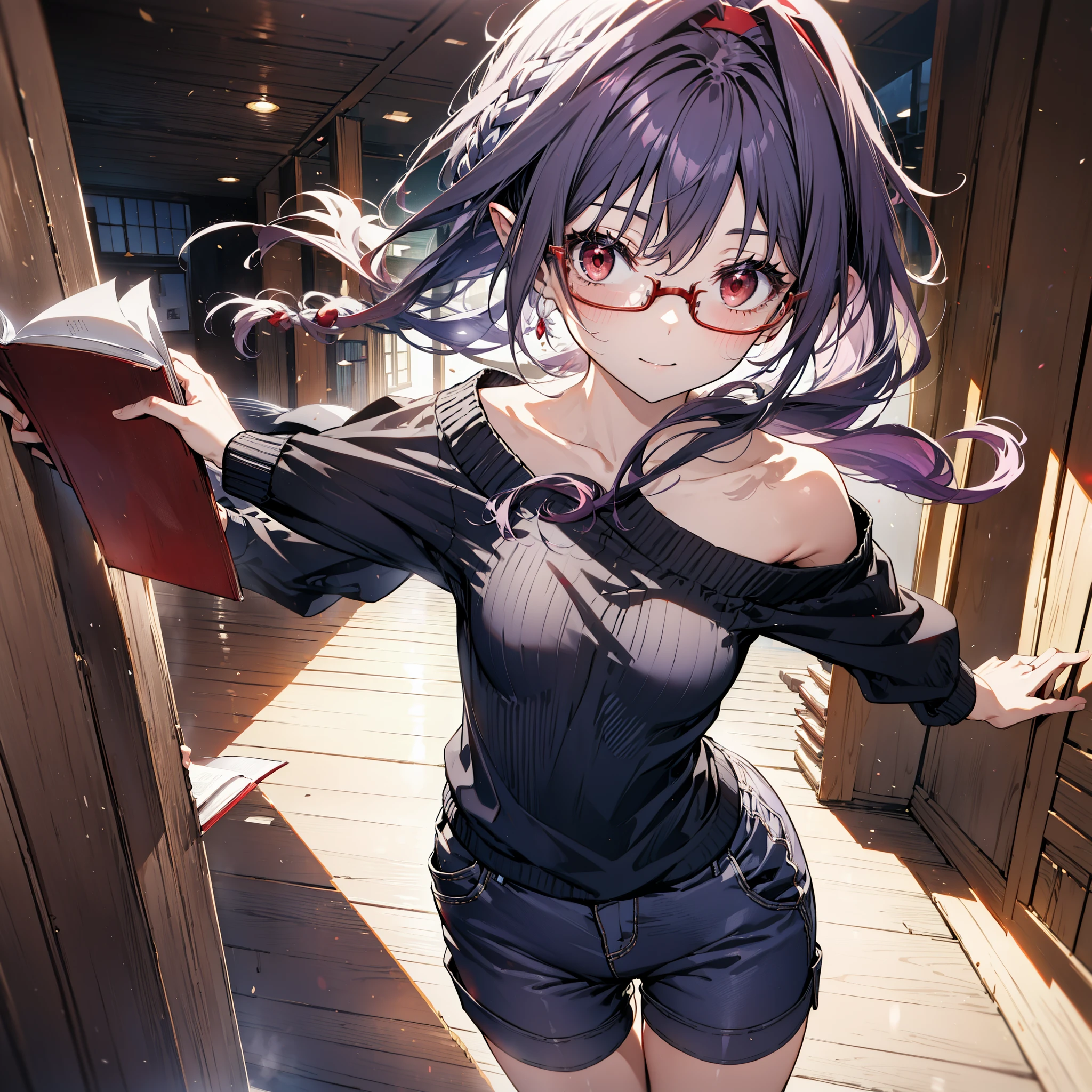 yuukikonno, Konno Yuuki, hair band, Long Hair, Pointed Ears, Purple Hair, (Red eyes:1.5), (Small breasts:1.2), Close your mouth,smile、,Long braids,Black-rimmed glasses,Oversized one-shoulder sweater,Shorts,short boots,Holding a book in both arms,
break looking at viewer, whole body,(Cowboy Shot:1. 5)
break indoors, figure書館,
break (masterpiece:1.2), highest quality, High resolution, unity 8k wallpaper, (figure:0.8), (Beautiful fine details:1.6), Highly detailed face, Perfect lighting, Highly detailed CG, (Perfect hands, Perfect Anatomy),