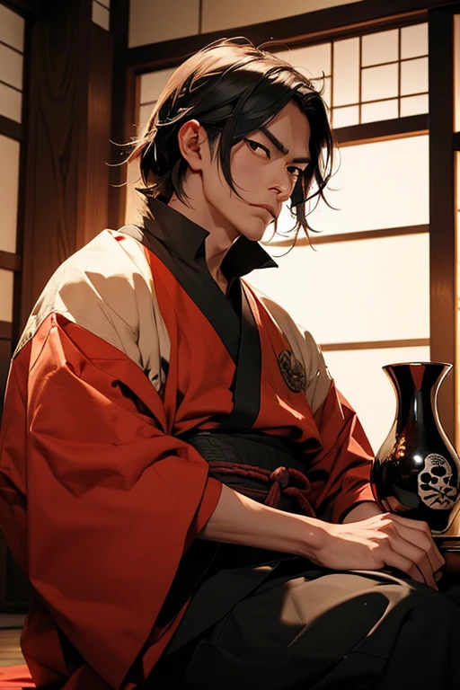 A fierce samurai warrior, Oda Nobunaga, sitting in a traditional Japanese room, holding a lacquered skull cup filled with sake, with a triumphant and intimidating expression on his face