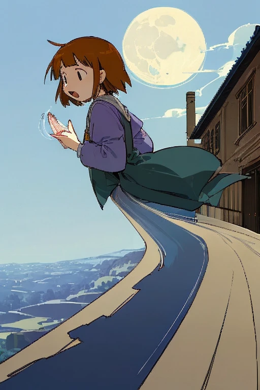 (low quality, worst quality, trembling, cropped face:1.4), warped moon, open mouth, house, road,
