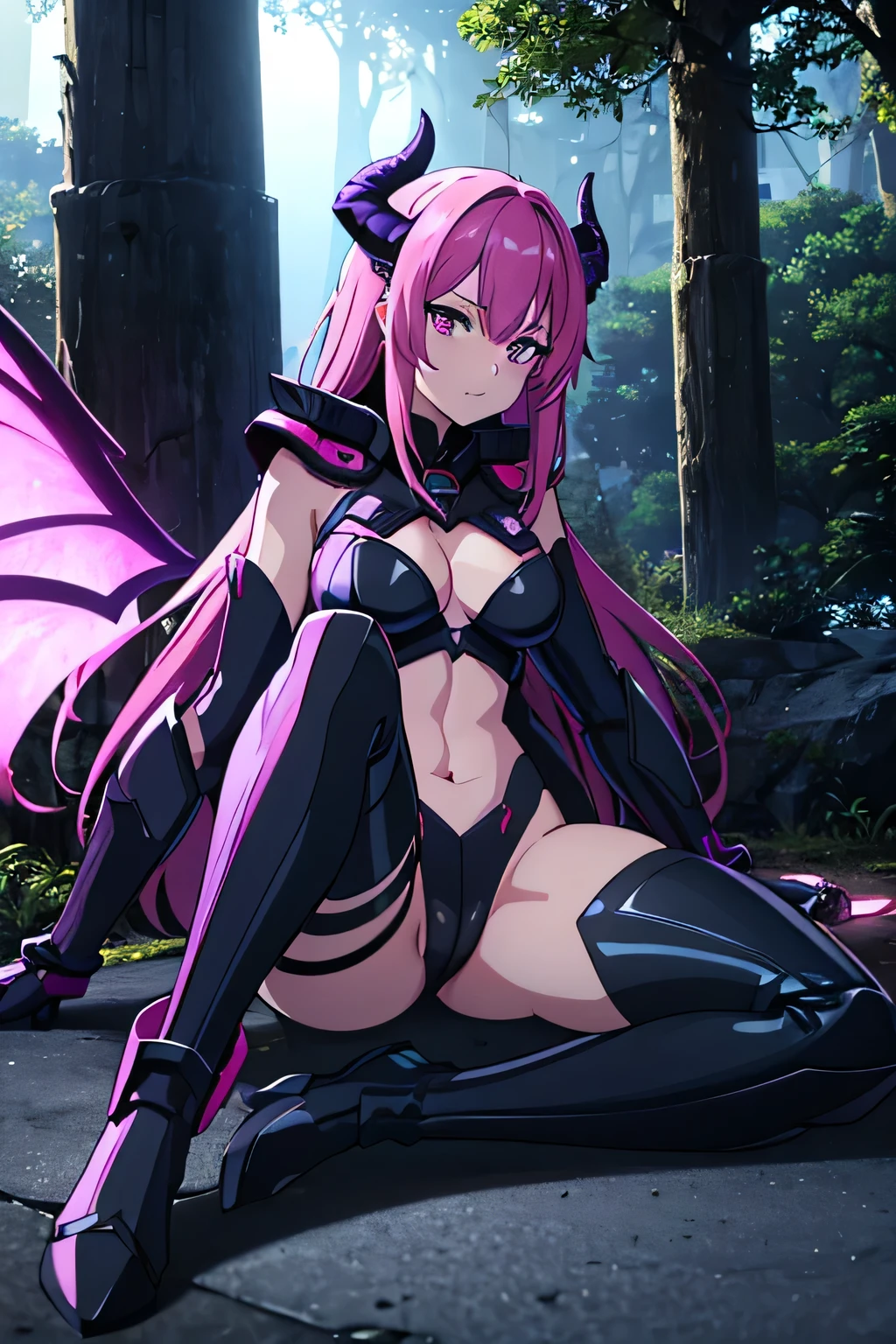 ((high resolution)), ((8k)), a beautiful girl, full body, sitting sexy, warrior, helmet with two horns, sexy, cute face, beautiful face, wearing sexy armor, hand placed on pussy, hand in pussy, protruding pussy, with dragon wings, black wings with pink, in a castle, with lava, scattered smoke, hanging cages, neon trails, purple trails, flashes, at night, big trees, luminous.