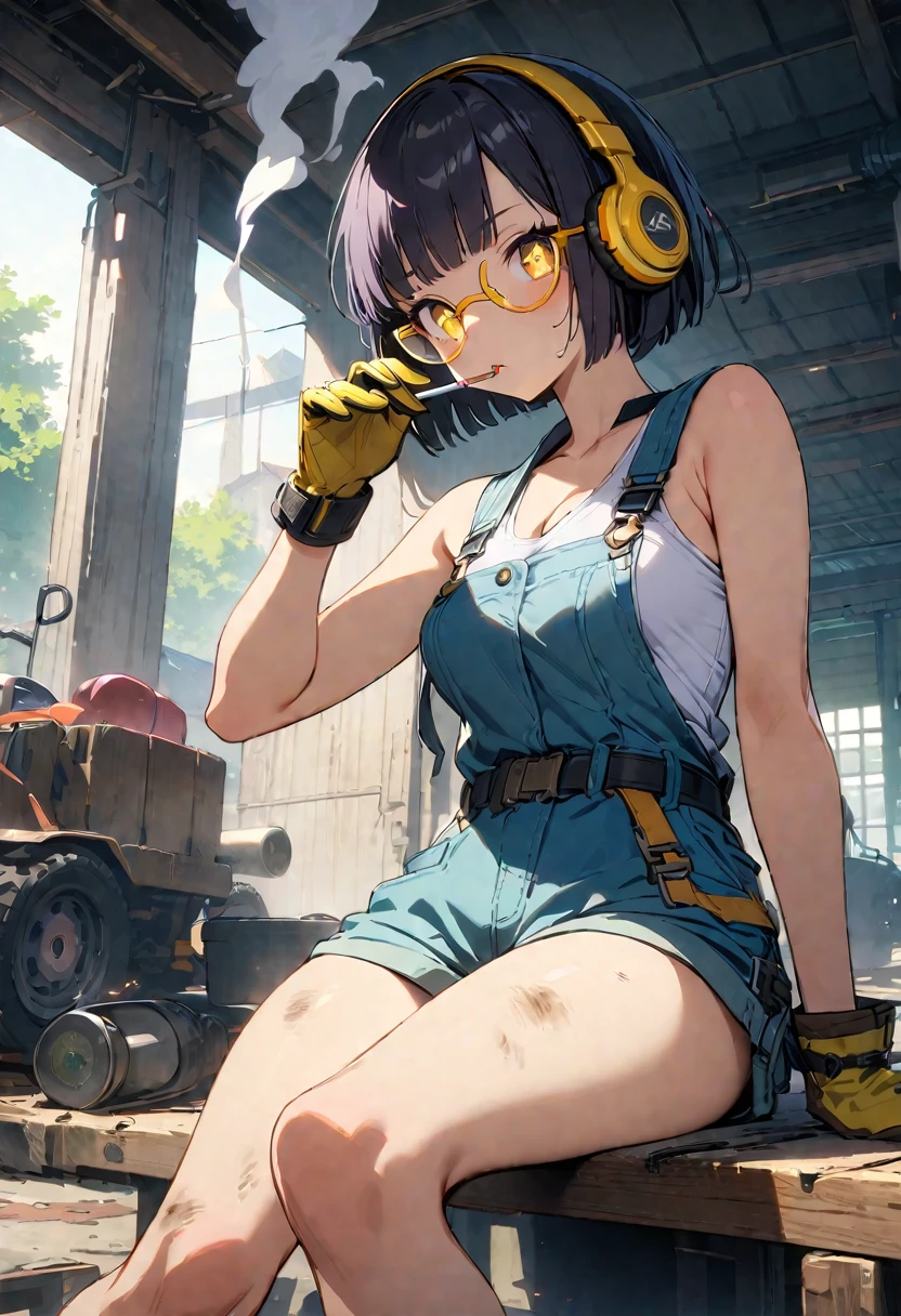 pastel colors, 1girl, ((yellow glasses:1.3)), bowl cut hair, black hair, yellow headphones, smoking cigarette, smoke, BREAK detailed yellow eyes, star-shaped pupils (eyes highlight), Medium breasts, cleavage, bare arms, sleeveless, bare legs, overalls, glove, garage, dieselpunk, dirty skin, rest pose, BREAK masterpiece, best quality, high quality, highres, official art, extremely detailed, ultra detailed, absurdres, very aesthetic