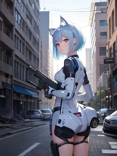 masterpiece,best quality,more detailed,White cat ears,short hair,Blue Hair,{cool},robot girl,MECA suits,I own an AR-15.,In the ruined city,Soldiers are surrounding,