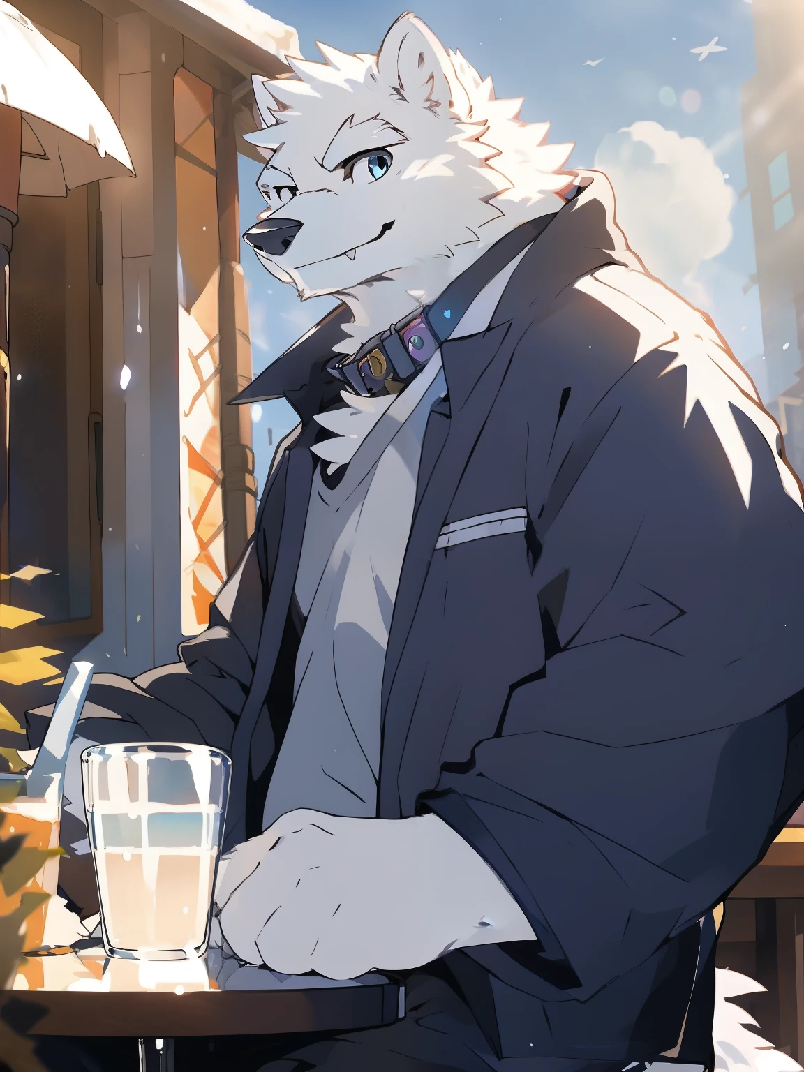 ((all white fur:1.5)), solo, Perfect sky blue eyes, Spike Collar, (artist:Takemoto Arashi), Mature face, elder, longeyelashes, (fang out:1.5), (Clear facial details), Wearing a very loose oversized white shirt|Black pants, Thin and tall figure, A snow wolf sitting in a street cafe, Put your arms on the table, Reveal most of the background, Warm scene, The frontal of the character, happy, smiley, Tonalism, atmospheric perspective, panorama, perspective, best quality, UHD, super detail, high details, anatomically correct, 8k