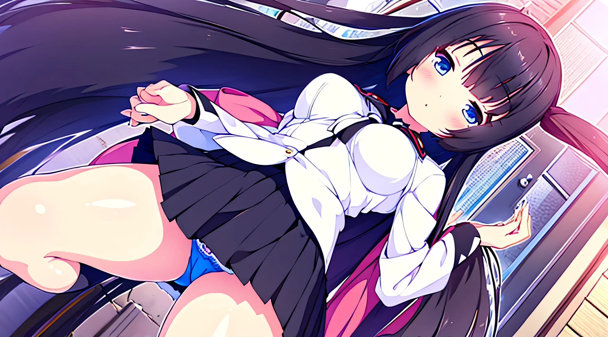 beautiful beautiful girl black uniform with miniskirt white stockings with black hair blue blue eyes on the japanese street akihabara swastika Pink panties great quality details