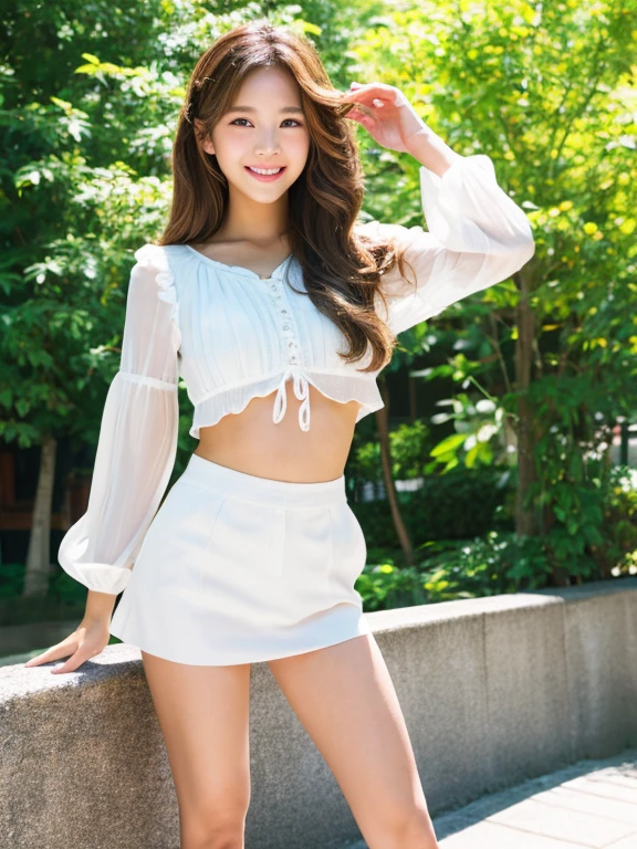 Full-body photo, Standing posture, masterpiece, highest quality, Original photo, 超High resolution, 1 girl, curl, Long, brown hair, perfect fingers, slim legs., Perfect big smile, Intricate details , Detailed Background, Detailed skin, pores, High resolution, High Dynamic Range, 美しいmodel, soft ライト on the face, BAPV_model, Split, ((Summer attire)), High heels, Background is a wall