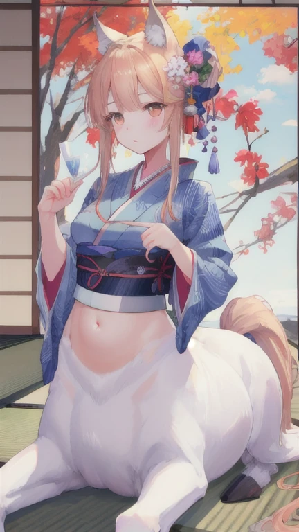 (best quality, masterpiece), 1 girl, centaur, It takes, Japanese , kimono, belly button t-shirt, 아름다운 소녀 perfect wolf photo, perfect wolf photo