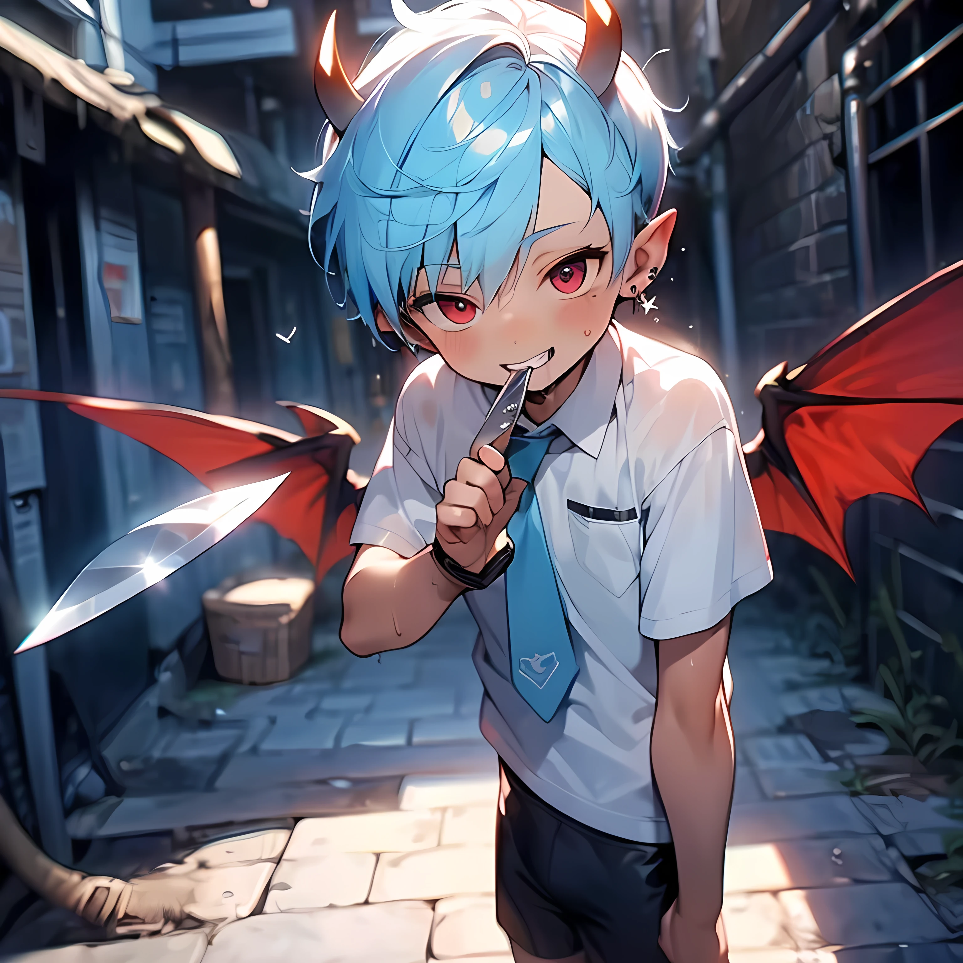(boldline:-1.6), (arched back:1.3), (((fang))), (holding knife:1.5), (licking knife:1.5), BREAK (with devil wings on back:1.7), BREAK (best quality:1.5), (absolutely resolution:1.5), (ultra detailed:1.5), (masterpiece:1.5), (perfect face:1.5), (detailed face:1.3), (detailed eyes:1.5), (cute face), (shota:1.7), BREAK (white collard shirts), BREAK (wine red necktie), (black short pants), (see throgh wet clothes), (bulge:1.5), (skinny:1.3), (spiked hair), BREAK (light blue hair:1.5), (wine red eyes:1.4), (half close eyes:1.3), (eyes with high light), ((mole under eye)), (sweaty skin), (chuckling:1.3), (open mouth), (blush:1.2), ((earrings)), (shiny skin:1.3), BREAK (dirty alley:1.5), (((dust box))), (flying bat:1.3), (at night:1.5), ((wind blowing)), (nipple), wide angle, look down, look at viewer, upper body,