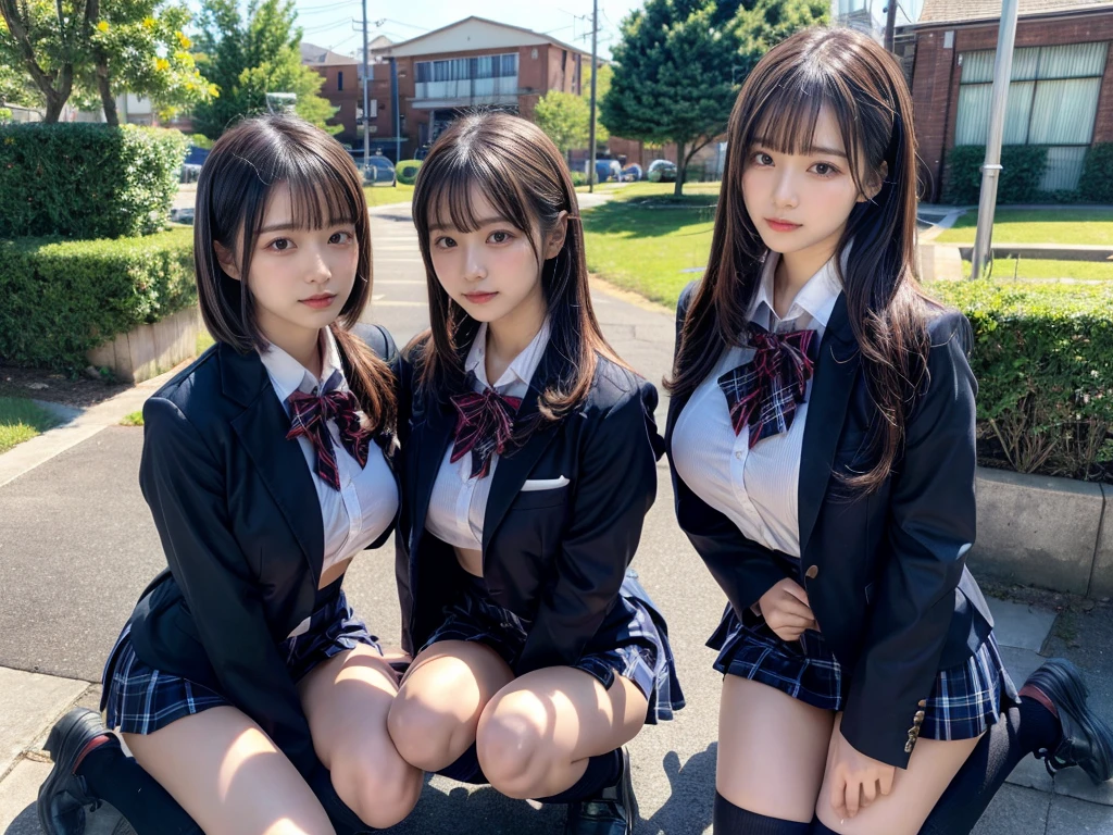(8K, Raw photography, top-quality, masterpiece:1.2), master piece, best quality, illustration, Super detailed, fine details, High resolution, 8K,wall paper, perfect dynamic composition,(Details High quality, realistic depiction of eyes:1.3), ((2 girls, 2 schoolgirls)), The background is a luxury hotel room、High school girl uniform、blazer 、Super Short Check Uniform Skirt、Navy blue high socks、garterbelts、Colossal tits、Disturbed uniform, Play with each other,Touching each other's bodies,Touching the body of the girl next door, short bob hair, black hair color, huge breasts, Big Natural Color Lip, bold sexy pose, (perfect body shape), crying a little、cold gaze, Beautiful makeup,glitter makeup,Cutest 18 years old, beautiful legs, hposing Gravure Idol, Voluptuous thighs