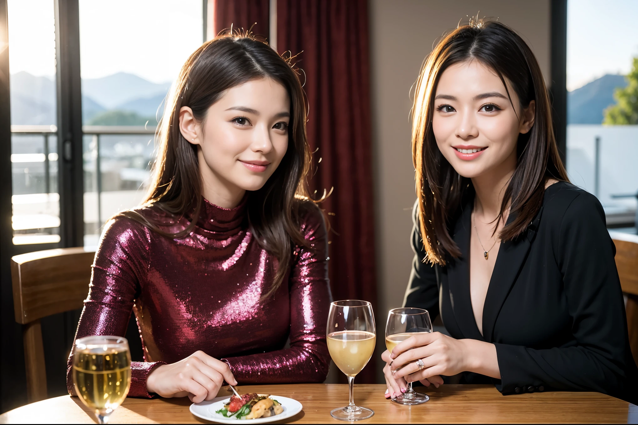 Two women sitting at a bar with bottles of alcohol in the back, ayami kojima and lyde caldwell, beautiful alluring female, Elegant Pose, zeen chin and terada katsuya, Asian Women, Facing straight ahead, Japanese, nixeu and sakimichan, looking partly to the left, with black, candid shot, exclusive, gorgeous woman, Beautiful women