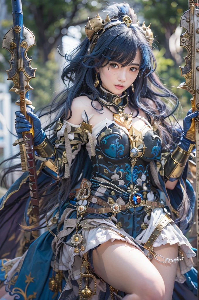 (Tabletop), Professional , masterpiece、highest quality、Photo Real , Depth of written boundary (Gemstone Silver Metal Body:1.9),(Matte Blue、Jewel Gold Weapon(Jewel Metal Body:1.4),Gorgeous metal weapons , Details of the Hero's Sword ,Forest Background、 Beautiful knife ,Warhammer 40K , Acquired sisterhood,Detailed decorative jeweled crown、Black Hair、Gangl Forest Background、美しい白people美people、1people、Dynamic Angle,(((Detailed diamond crown)))、Small Face、Laughter、sexyなポーズをとる、Castle background、Slender and beautiful female hands、(16k, RAW Photos, highest quality, High resolution), High-definition RAW color photos, Professionalの写真, (Layered silhouette: 1.2), Complex patterns, (Realistic, Photorealistic: 1.3), (Japanese Girls), Big Breasts、Very firm breasts、are not drooping、The cleavage is visible。Too much exposure、(NSFW)、Shine、(Detailed face: 1.2), (masterpiece: 1.5),Fine-grained beautiful skin, (cute: 1.2), (sexy), (highest quality: 1.2), (1peopleの女の子: 1.3), (solo, soloフォーカス), 完全に正常なpeople間の体型, people間の解剖学に忠実な女性の描写, A representation of a healthy, balanced and vibrant woman。Too much breast exposure。
「No deformed or unnatural body parts」No missing limbs。Normal number of heads, limbs。Head, limbs, and thickness are normal for height。The number of heads is one。Body length is anatomically normal。