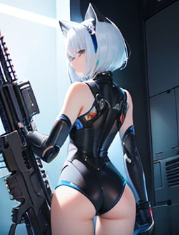 masterpiece,best quality,perfect detailed,White cat ears,short hair,Blue Hair,{cool},robot girl,MECA suits,I own an AR-15.,background: