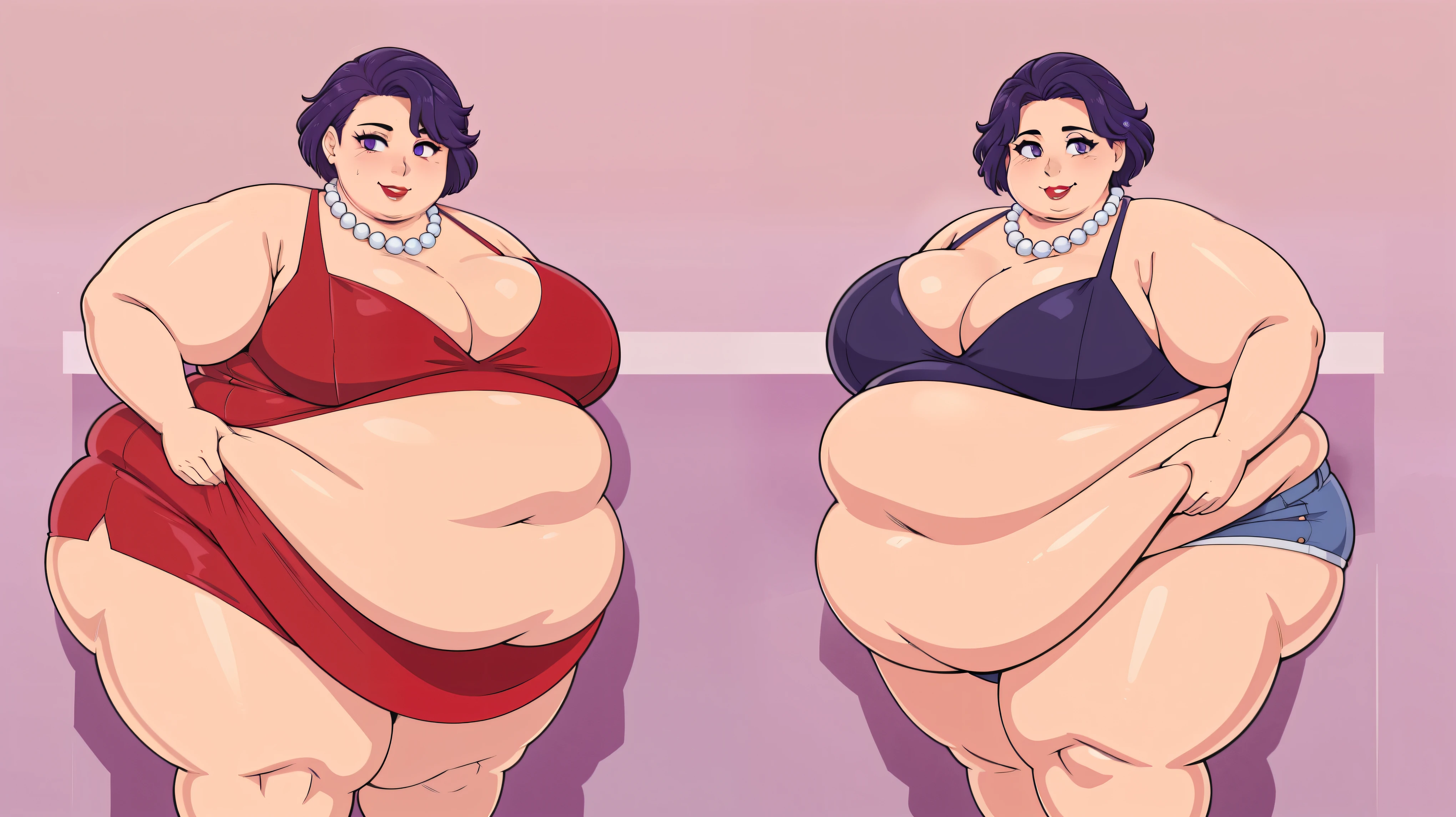 Middle aged, mommy, hands on hips, casual pose, smiling, Full body, bedroom, looking at viewer, Short bob haircut, Windswept Messy Bob purple Hair, eyeliner, (red dress), (red lipstick), (light blue pearl necklace), cleavage, milf, mature, (purple eyes) Round face, double chin, fat chin, fat cheeks, fat neck, round face, SSBBW, flabby arms, round face, double chin, fat double chin, big double chin, fat neck, chubby cheeks, fat thighs, fat calves, morbidly obese, flabby boobs, giant boobs, large belly, obese, fat face, belly, double chin, obesity, flabby breasts, fat arms and legs, fat everything,