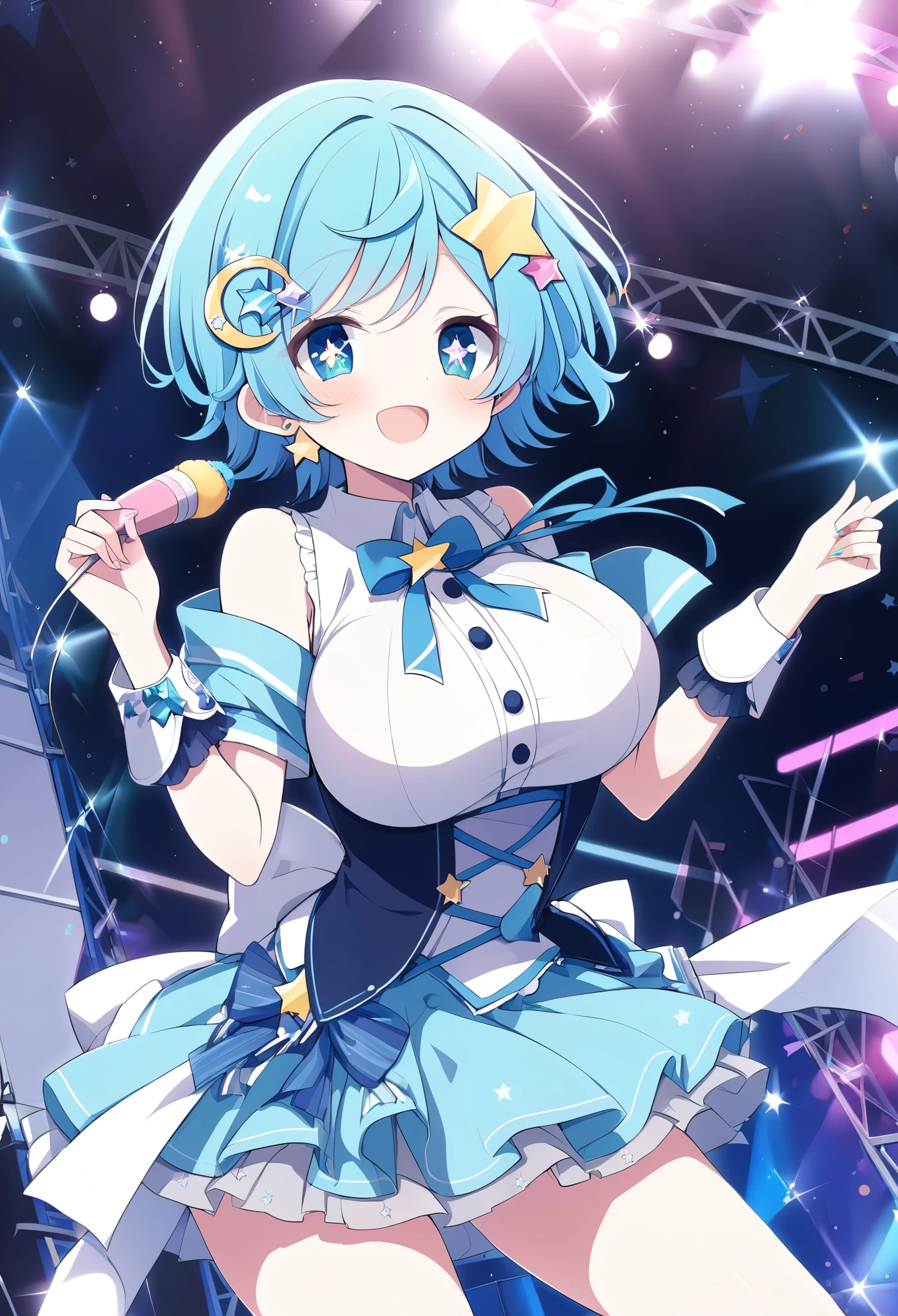 minamidananase, blue hair, star hair ornament, jewelry, hair ornament, short hair, Blue eyes, star-shaped pupils,, large breasts,, Live Stage, solo