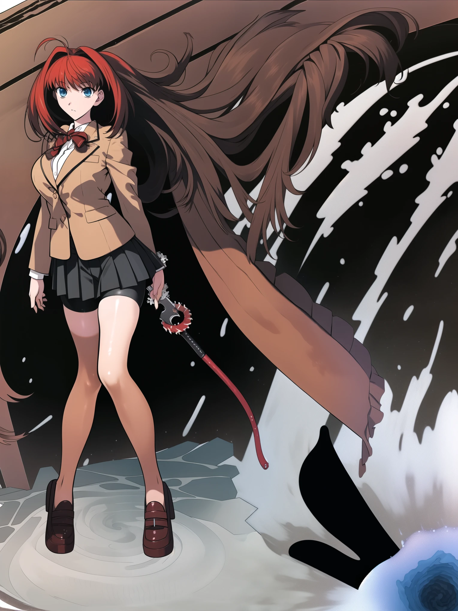 BREAK, (EMPTY BACKGROUND), BREAK (masterpiece:1.2), best quality, high resolution, 8k, illustration, (beautiful detailed eyes:1.6), extremely detailed face, extremely detailed body, CG, perfect hands, perfect anatomy, (((1girl))), ((solo)), ((((bbaoko))), (((2 legs max))), (((2 feet max:1.6))), ((swirling vortex shaped longest brown hair:1.5)), (brown longest hair with slightly reddish undertone:1.6), (lush luscious longest brown hair:1.6), (very long voluminous longest brown hair:1.5), serious, blue eyes, red bowtie, (Form-fitting beige blazer:1.5), brown jacket, (highly detailed beautiful face:1.2), (white shirt:1), (well shaped large breasts:1.6), (nice hips:1), (((Umber pleated thigh-high skirt:1.6))), (((black bike shorts:1.4))), (2 nice thighs:1.6), (high black socks:1.6), (strap shoes brown color), (facing front:1.5), ((standing straight:1.5)), ((Fullbody in frame:1.6)), ((Full body:1.5)), (takeuchi takashi:1.5)