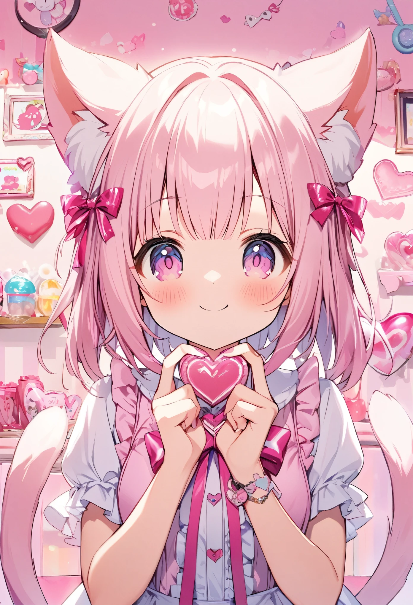 One girl,Cat girl,Animal tails,View Viewer,smile,peace sign,Cute pink room,Heart Items,ribbon,Are standing,Upper Body,