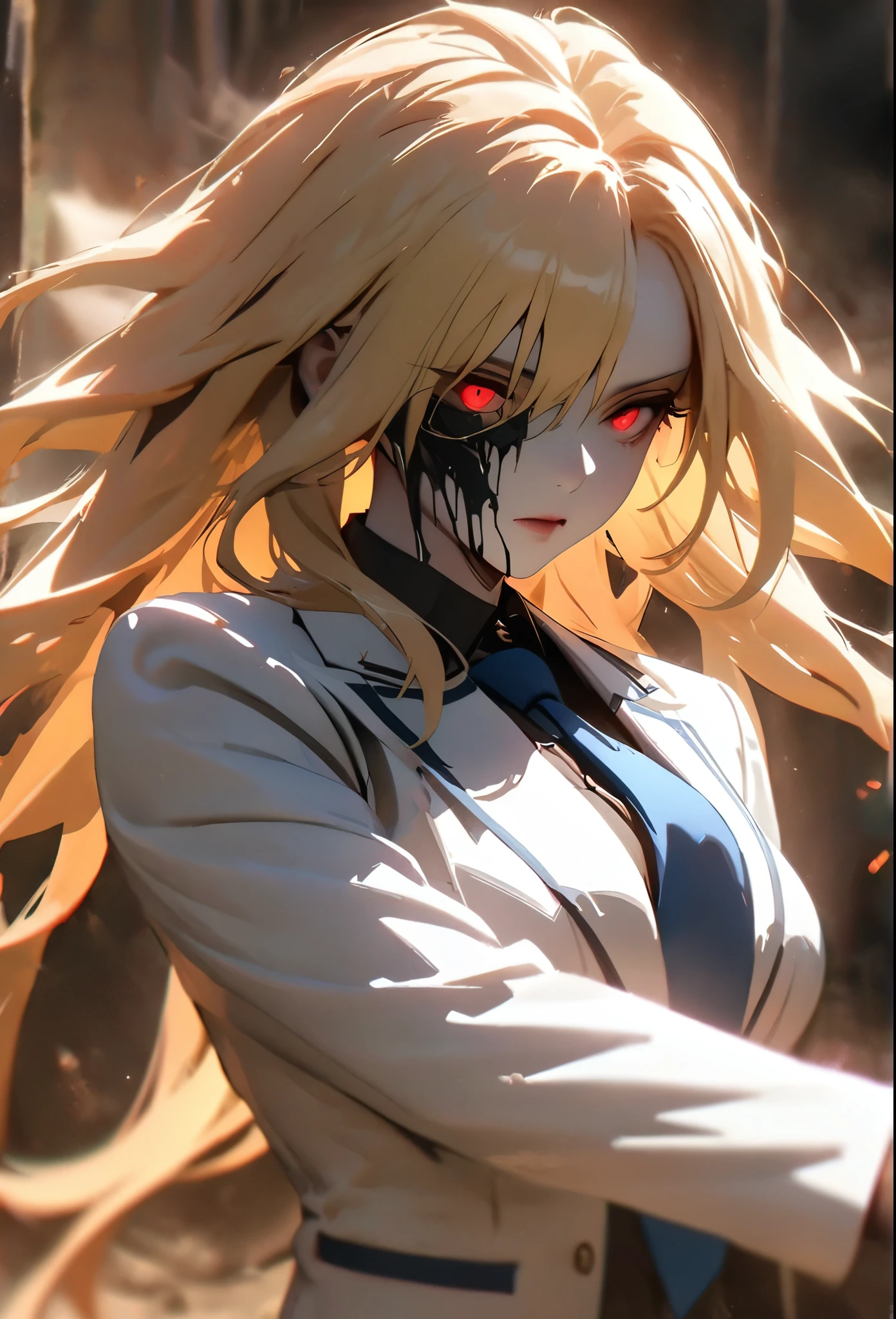 (solo), yellow hair, messy hair, mane hair, Long hair, dense hair, wild hair, expressive hair, mature,(25 year old), pale skin, red eyes, ((Female)), beatiful girl, wearing a white suit, blue tie, beautiful, attractive, Monster, half skeleton face, Ribs showing, black liquid, Giant breast, Attack position, eye reflection, depth of field, thunder aura,cinematic lighting, ray tracing, depth of field, cinematic lighting, ray tracing, UHD, high details, best quality, highres, high quality, award winning, super detail, masterpiece, 8k, UHD, high details, best quality, highres, high quality, award winning, super detail, masterpiece, 8k, digital art, anime coloring, body shot, good face, perfect face, detailed face, good eyes. Dark closet. pink cupcake.