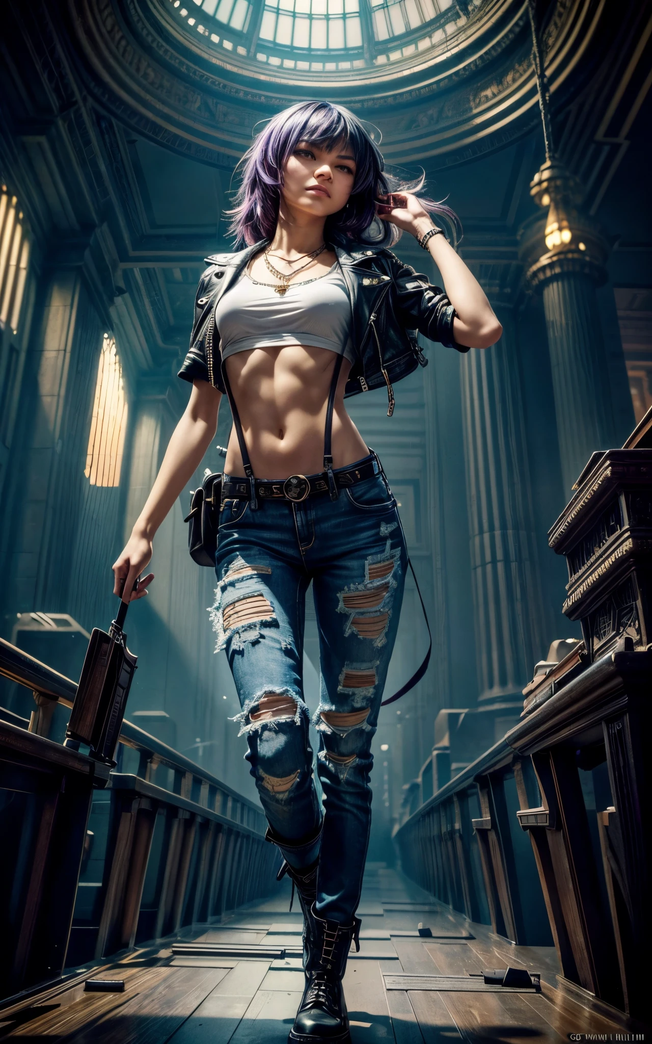 (zendaya), at the the Grand Central Terminal, cinematic, medium shot, whole head in frame, detailed face, detailed eyes, evening, punk aesthetic, pale blue ripped jeans, braces, suspenders, black boots, white shirt, skull, heart, necklace, chain, bullets, black leather jacket, dark blue beanie, tattoo sleeve, right arm, intricate design, flowers, yellowed skull, dyed hair, light purple roots, blue ends, navy T-shirt, rock, chick, messy hair, Full body, Beautiful anime waifu style girl, hyperdetailed painting, luminism, art by Carne Griffiths and Wadim Kashin concept art, dark background, abstract beauty, approaching perfection, pure form, golden ratio, minimalistic, dark atmosphere, unfinished, concept art, by Brian Froud and Carne Griffiths and Wadim Kashin and John William Waterhouse, intricate details, 8k post production, high resolution, hyperdetailed, trending on artstation, sharp focus, studio photo, intricate details, highly detailed, by greg rutkowski, The perspective is from below, emphasizing the sheer majesty and power of the woman. ((The perspective is from below, emphasizing the sheer majesty and power of the woman))