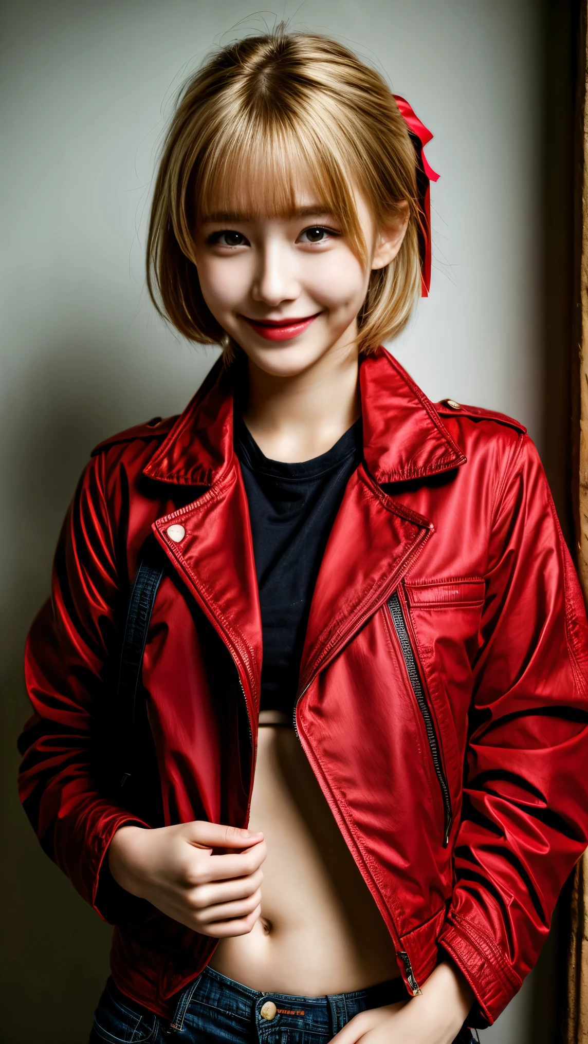 high quality, best quality, masterpiece, absurdres, red_jacket, ribbon, red_eyes, blond_hair, short_hair, hair_ribbon, smile, 1girl, torn clothes, cloth pieces,  