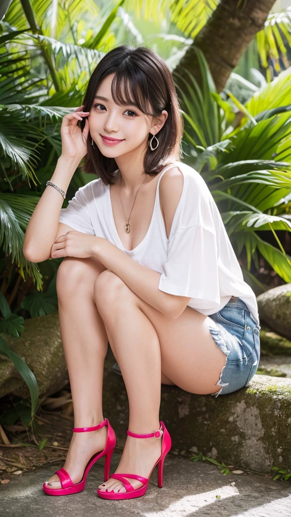 (8k, Photorealistic, Raw photo, Highest quality: 1.4),Japanese idol style1Beautiful girl of the person,18-year-old,Very short hairstyle,Silver Hair,Hang your hair over your ears,Wearing small earrings in the ears,Big, clear grey eyes,Long eyelashes,Tear bags,There is a blackhead under the left eye,Plump Cheeks,Wearing pink lipstick,Apply gloss over your lipstick for glossy, plump lips,A short pendant is hanging around her neck.,He is wearing a black divers watch on his left wrist.,Both hands have pink nail polish on their nails,Both toenails have red nail polish,Smiling,Wearing an oversized white T-shirt,Wearing skin-tight, ripped jeans,She is wearing red high heels on her bare feet,She is wearing an anklet on her right ankle,She is surrounded by the gentle sunlight filtering through the trees.,Full body portrait