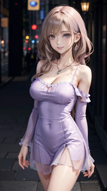 8k, masterpiece, RAW Photos, highest quality, Realistic, Highly detailed CG Unity 8k wallpaper, Depth of written boundary, Cinematic Light, Lens flare, Ray Tracing, (Very beautiful face, Beautiful Lips, Beautiful Eyes), Exquisitely detailed face, ((Highly detailed skin)) One girl, In the Dark, Deep Shadow,   (Very slim slender fit-muscle body:1.3),(No sleeve) ,Off the shoulder、 ((Spread your thighs))、 Fashion City Night, Dark Night,  (Blurred Background), (No people in the background), Beautiful earrings, bracelet, necklace, Clear Eyes, walk,  Look forward, looking at the camera、(smile)、Shot from the knee up、(Lilac dress:1.3)、(Blonde Hair、Medium),   Open chest,  Breast cleavage、Large Breasts, Turn back,  