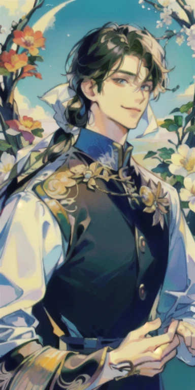 masterpiece, best quality, 1 male, aldult, Handsome, Tall muscular man, White long hair, fantasy, complex patterns, Delicate face, Ancient costume, Upper Body, The best ratio of four fingers and one thumb,, prism, spring, flower, Smile,looking into camera