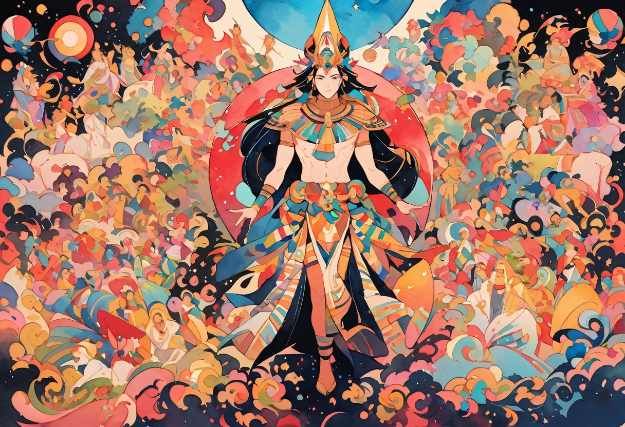 pop art,flat design,(masterpiece, best quality:1.1),
(ultra highres, ultra-detailed:1.2) ,Many Gods,(party where gods from all over the world gather),Japanese God,Greek God,Egyptian God,Mexican God,Nordic God,Indian God,Chinese God,magnificent,whole body,(Watercolor:1.2),