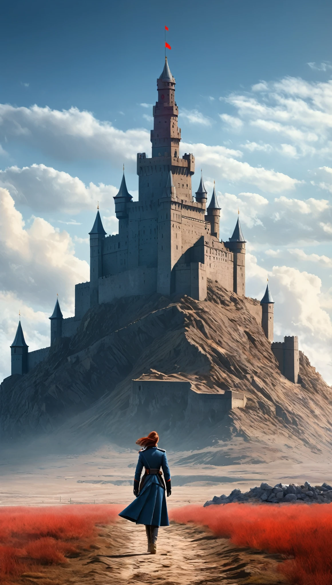 masterpiece, illustration, ((massive giant military babel fortress made of carving stone standing on desert land far away)), (babel tower), pale blue sky, sunlight, fog, shadow, dark grass with stone, uninhabitable, barren land, nature, (mountains), unsaturated, (young girl wearing dark blue coat walking towards the castle standing far away), medium length red hair, moscow, soviet union, (dark dragon with glowing red eyes flying on the sky above the fortress)