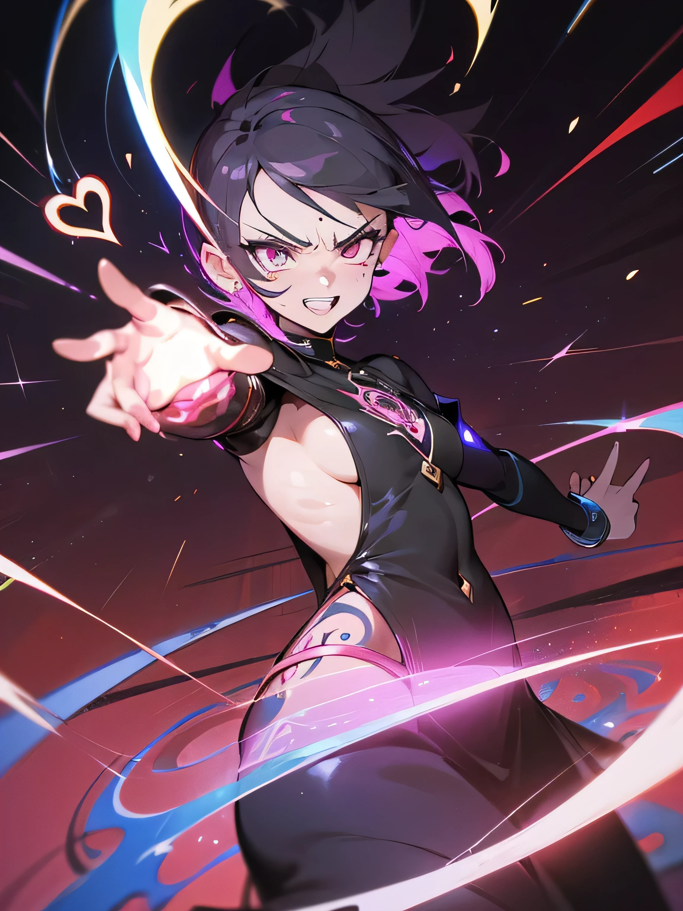 1 adult woman, (Ecstatic face), heart mark, vivid color, magic circle in the background, (glaring to viewer), suit, sideboob, (masterpiece), ultra detailed, vividly depicted painting, aura, precise background, (geometry tattoo), (cinematic), elaborate, (gritty), (small shiny magic circle at fingers), teeth, dynamic posing for photo, short hair, detailed magic circle,