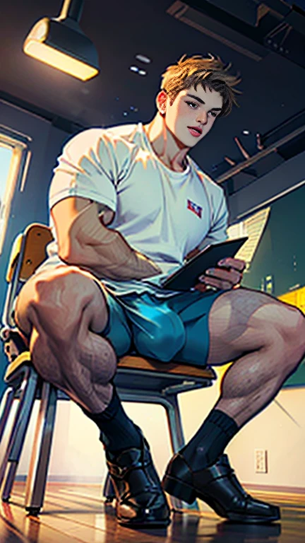 Libido boy,Justin Bieber swimmer, (((big bulge, muscular, bulgeJ8)))),Reclining,first person perspective,spread legs,dark atmosphere,8K,Cinematic lighting effects,textured skin,best quality,Narrative images,Narrative images,dynamic blur,action pose,Height angle of view,Physical education student,panties cover huge penis, big fat dick covered with fabric ,Classroom,brown skin,abs,full body, Bare legs,White short socks,sitting,Undress