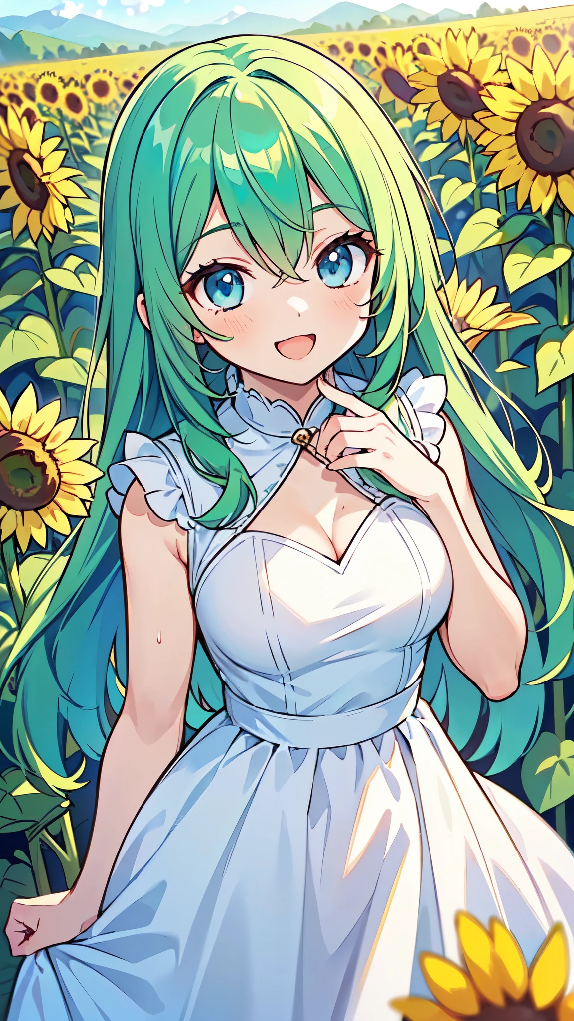 ((A Pretty girl with green hair and blue eyes)), ((wearing white dress)), Baby face, ((top-quality, master piece, ultra-definition, high resolution)), anime girl, ((ultra-detailed illust:1.2)), only one person, bangs, hair between eye, beautiful hair, Shiny eyes, Medium breasts, Big smile, opened mouth, in the sunflower field