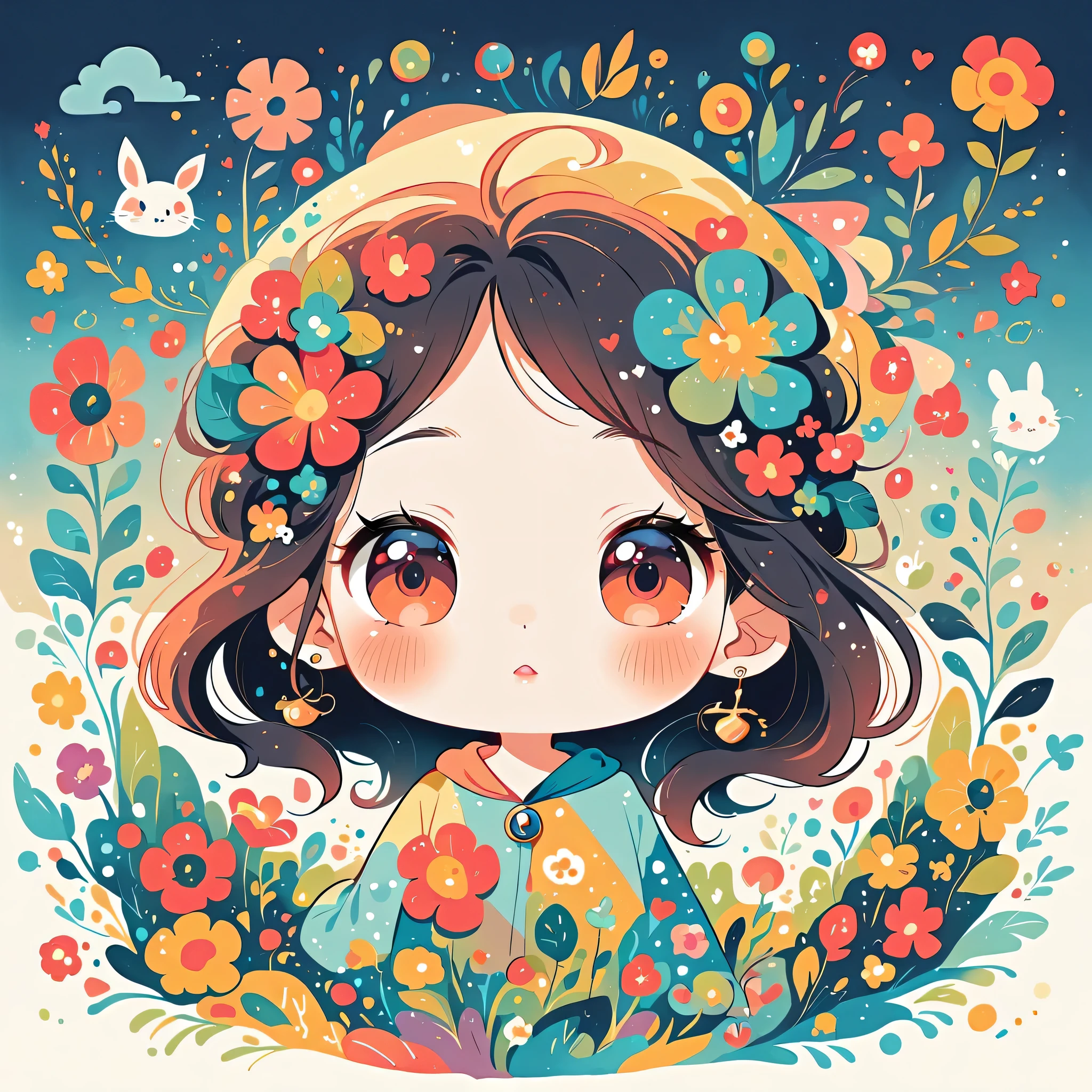 Hayao Miyazaki Style、The most beautiful girl of all time、Lips in Love、Colorful flowers、Simple line initials、Abstract art、Paris Background, (((chibi))), Totoro Forest
