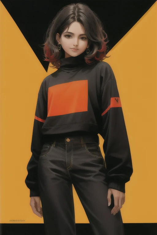 una chica argentina, 25 years old, calidad de obra maestra, ultra detallado, high quality and high resolution. Tiene el pelo de dos tonos con el pelo corto y negro con flequillo ligeramente desordenado, pelo largo rojo con el interior coloreado de negro, y su cabello cubre parcialmente sus ojos. Tiene ojos marrones oscuros y penetrantes, y un ojo es negro y el otro rojo. Tiene una figura delgada, bien definida y con busto prominente. He is smiling with his mouth open, sonrojada y lleva una gargantilla negra. Viste pantalones cortos negros rasgados, zapatillas de tenis azules y una blusa rosa con tirantes que deja ver el ombligo. Sostiene un hacha en su mano derecha, lleva una mochila en la espalda y una chaqueta con los hombros descubiertos. He is looking at the viewer against a black background, cuerpo completo, cuerpo en forma