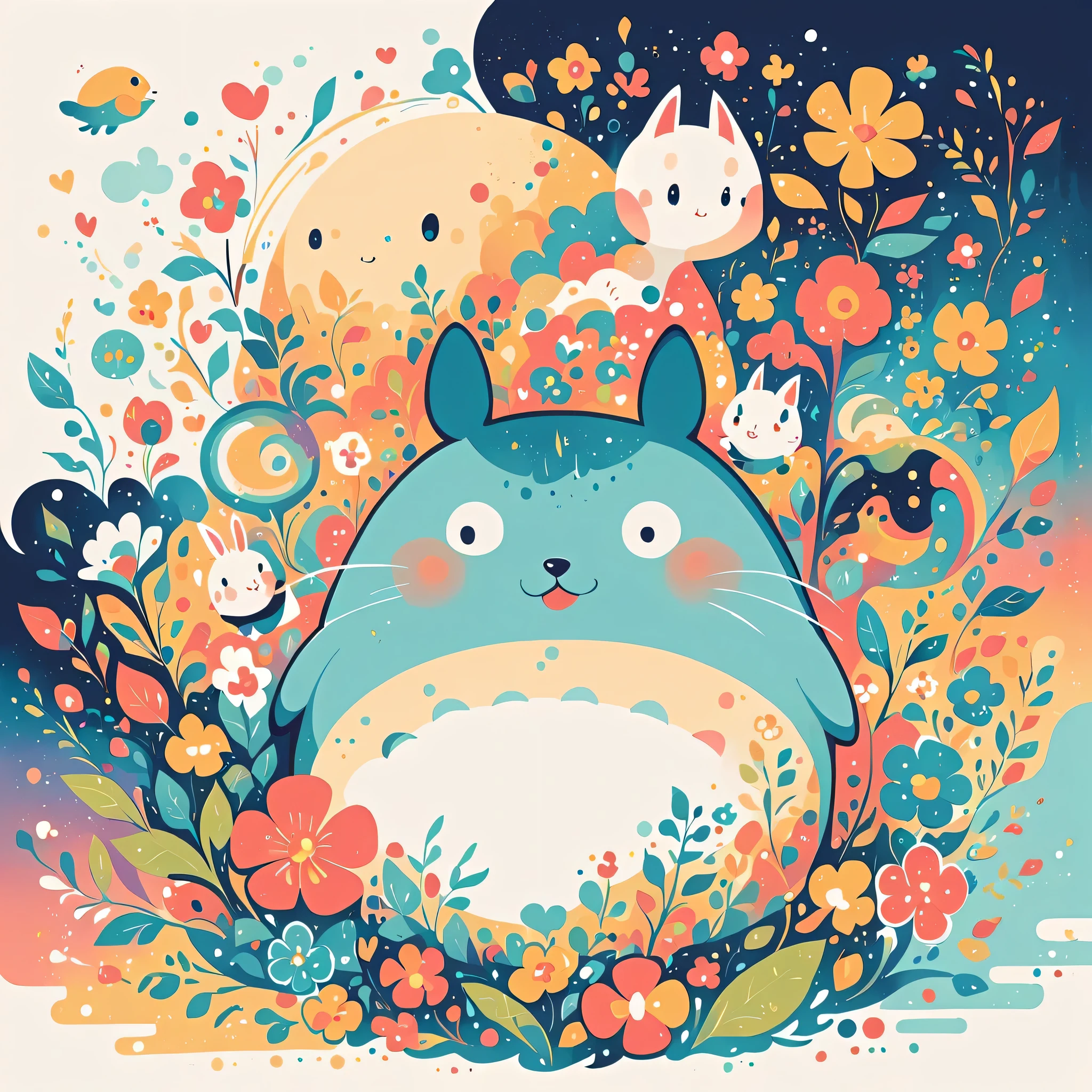 Hayao Miyazaki Style、The most beautiful girl of all time、Lips in Love、Colorful flowers、Simple line initials、Abstract art、Paris Background, (((chibi))), Totoro Forest