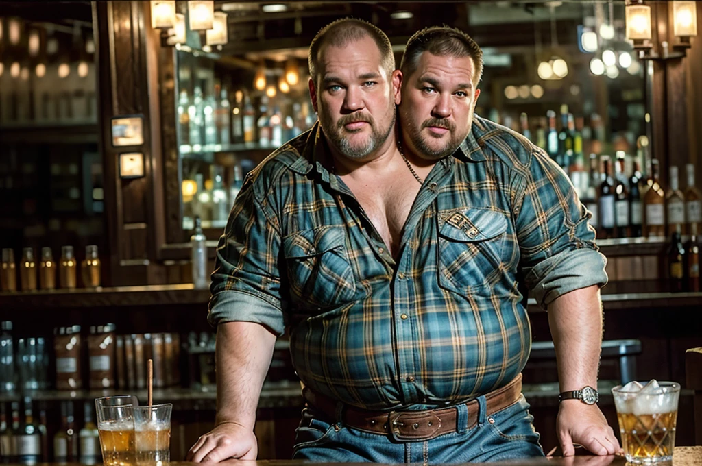 (((4heads))), solo, ((((larry the cable guy)))), middle aged, male, short graying hair, (((obese, overweight, fat, chubby, heavy, dadbod))), ((flannel shirt, jeans, belt)), epic realistic, hdr, intricate, highly detailed, (depth of field:1.4), faded, (neutral colors:1.2), (hdr:1.4), (muted colors:1.2), hyperdetailed, (artstation:1.4), cinematic, (intricate details:1.1), dark bar scenery, (rutkowski:0.66), (intricate details) (skin texture:1.2), detailed expressions, natural pose, sitting at bar, holding drinks