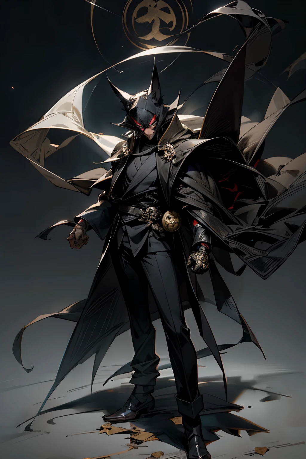 A shadow man, in a completely black cloth suit, with a black shirt, thin, with black hair and black skin, wearing a white Japanese fox mask that covers his entire face, floating in the night sky, standing firmly, with his head included downward with superiority. While the rays of moonlight exalt his figure