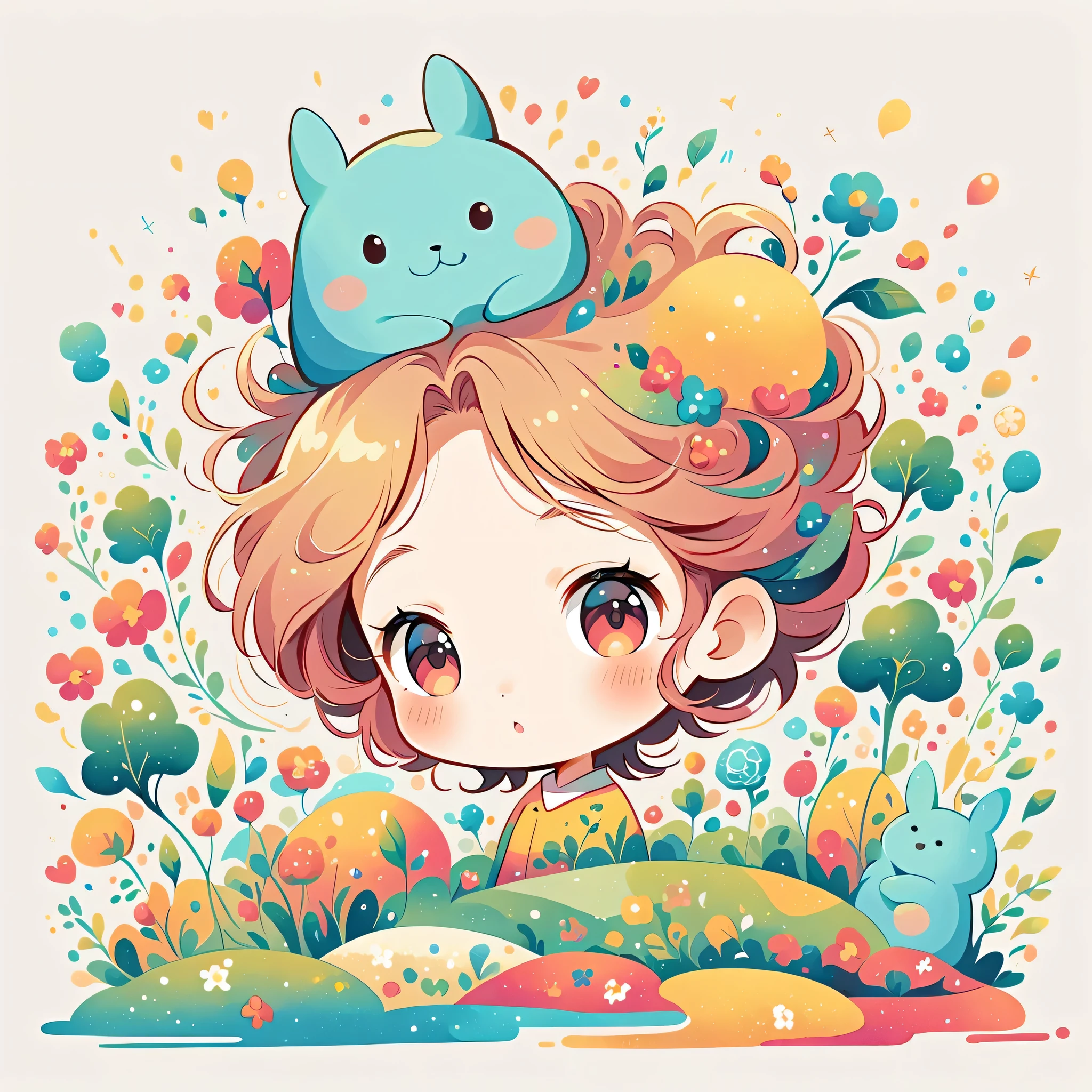 Hayao Miyazaki Style、The most beautiful girl of all time、Lips in Love、Colorful flowers、Simple line initials、Abstract art、Paris Background, (((chibi))), Totoro Forest