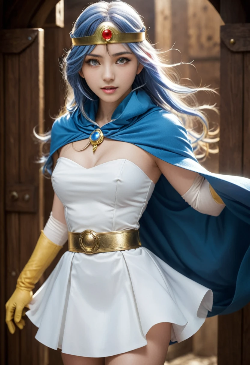 DQSage movie action shot of a long-haired girl in a blue cape and white dress, Yellow gloves, Blue Hair, (close), Dramatic lighting,  Forehead Jewelry, Displaying the viewer, mini skirt, Gold Belt, (in front of the magic gate, Particles of light:1.0), 
(Small wrinkles on the face, oily skin type on face, face bad skin), Perfect fit for your skin, incredible facial details, Skin Texture, (Facial pores, facial hair follicles, large pores on face),(16k, RAW Photos, highest quality, High resolution), High-definition RAW color photos, Professional photos, (Layered silhouette: 1.2), Complex patterns, (Realistic, Photorealistic: 1.3), (Japanese Girls), Big Breasts、Very firm breasts、are not drooping、The cleavage is visible。Too much exposure、（NSFW）、Shine、(Detailed face: 1.2), (masterpiece: 1.5),Fine-grained beautiful skin, (cute: 1.2), (sexy), (highest quality: 1.2), (One girl: 1.3), (solo, soloフォーカス), A completely normal human body type, A depiction of a woman that is faithful to human anatomy, A representation of a healthy, balanced and vibrant woman。Too much breast exposure。


「No deformed or unnatural body parts」No missing limbs。Normal number of heads, limbs。Head, limbs, and thickness are normal for height。The number of heads is one。Body length is anatomically normal。
