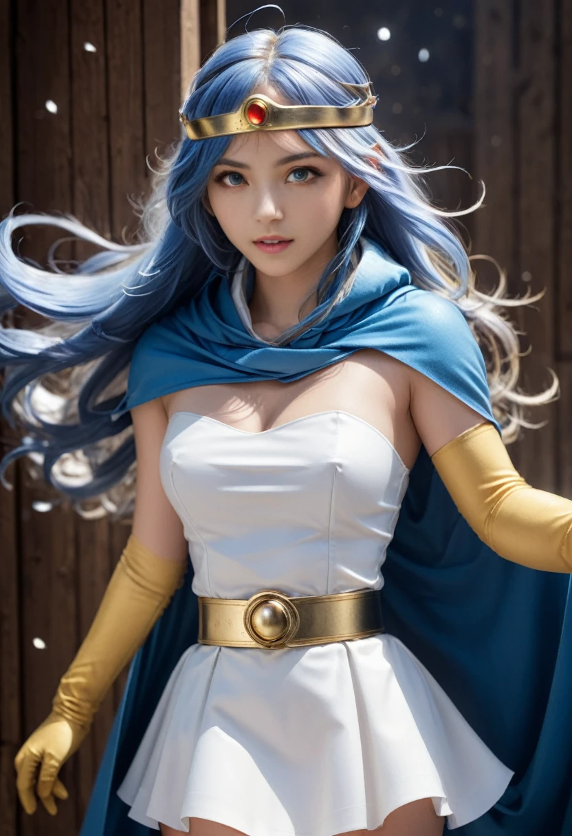DQSage movie action shot of a long-haired girl in a blue cape and white dress, Yellow gloves, Blue Hair, (close), Dramatic lighting, Forehead Jewelry, Displaying the viewer, mini skirt, Gold Belt, (in front of the magic gate, Particles of light:1.0),
(Small wrinkles on the face, oily skin type on face, face bad skin), Perfect fit for your skin, incredible facial details, Skin Texture, (Facial pores, facial hair follicles, large pores on face),(16k, RAW Photos, highest quality, High resolution), High-definition RAW color photos, Professional photos, (Layered silhouette: 1.2), Complex patterns, (Realistic, Photorealistic: 1.3), (Japanese Girls), Big Breasts、Very firm breasts、are not drooping、The cleavage is visible。Too much exposure、(NSFW)、Shine、(Detailed face: 1.2), (masterpiece: 1.5),Fine-grained beautiful skin, (cute: 1.2), (sexy), (highest quality: 1.2), (One girl: 1.3), (solo, soloフォーカス), A completely normal human body type, A depiction of a woman that is faithful to human anatomy, A representation of a healthy, balanced and vibrant woman。Too much breast exposure。
「No deformed or unnatural body parts」No missing limbs。Normal number of heads, limbs。Head, limbs, and thickness are normal for height。The number of heads is one。Body length is anatomically normal。