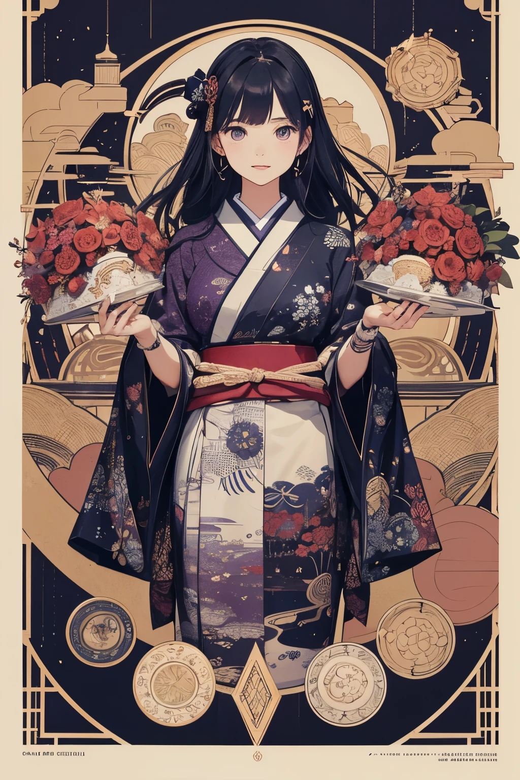 A visually appealing and high-resolution circular design featuring ten Japanese girls in various traditional , each within their own circle on the page. The central figure is adorned with intricate patterns of dark purples and silver accents, while surrounding figures display vibrant colors like deep blues or soft purples. This detailed illustration captures an atmosphere reminiscent of old-world elegance and cultural richness, perfect for adding depth to your projects. --ar 3:4 --niji 6 -