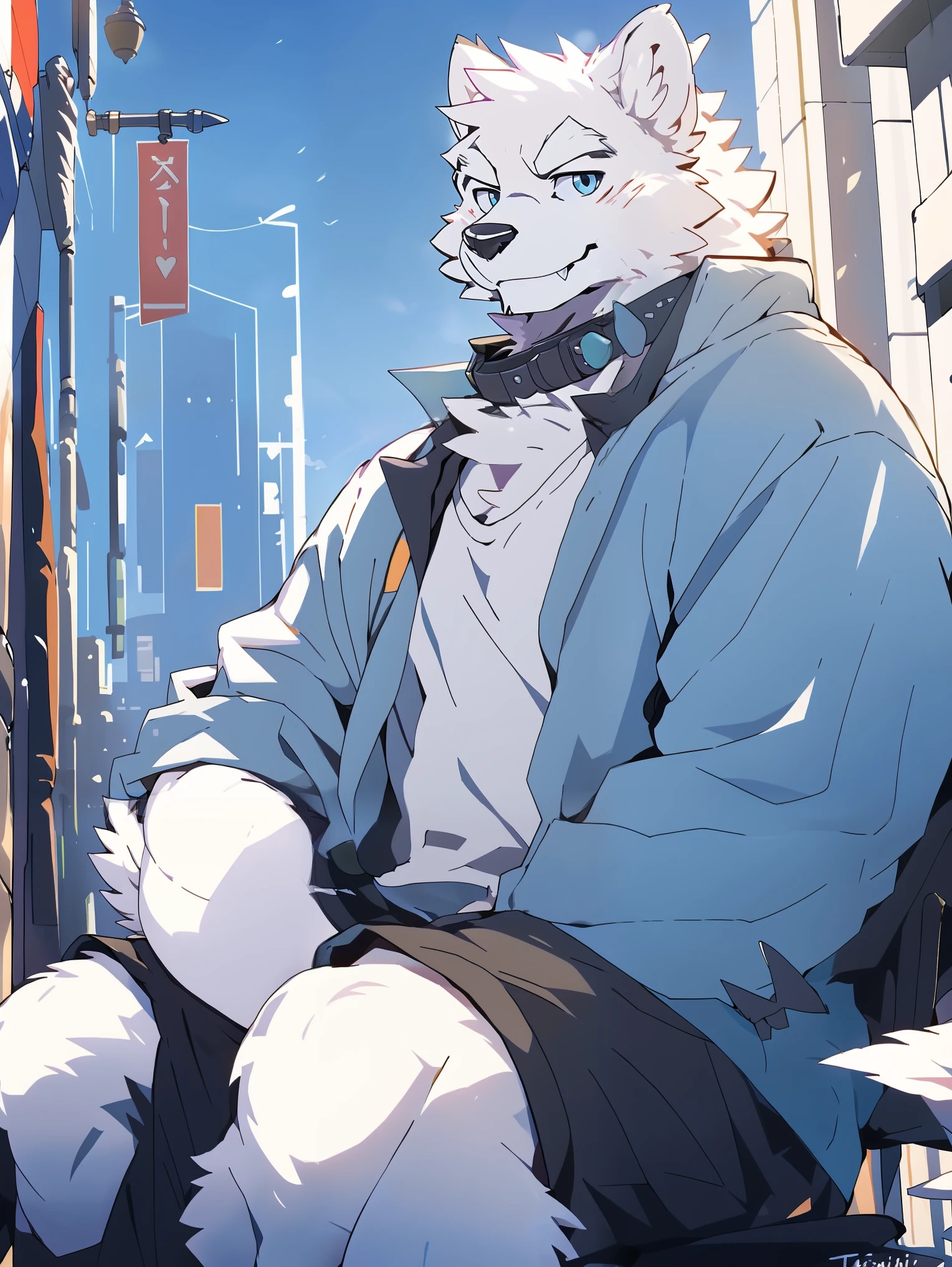 ((all white fur:1.5)), solo, Perfect sky blue eyes, Spike Collar, (artist:Takemoto Arashi), Mature face, elder, longeyelashes, (fang out:1.5), (Clear facial details), Wearing a very loose oversized white shirt|Black pants, Thin and tall figure, A snow wolf sitting in a street cafe, Put your arms on the table, Reveal most of the background, Warm scene, (The frontal of the character:1.3), happy, smiley, Tonalism, atmospheric perspective, panorama, perspective, best quality, UHD, super detail, high details, anatomically correct, 8k