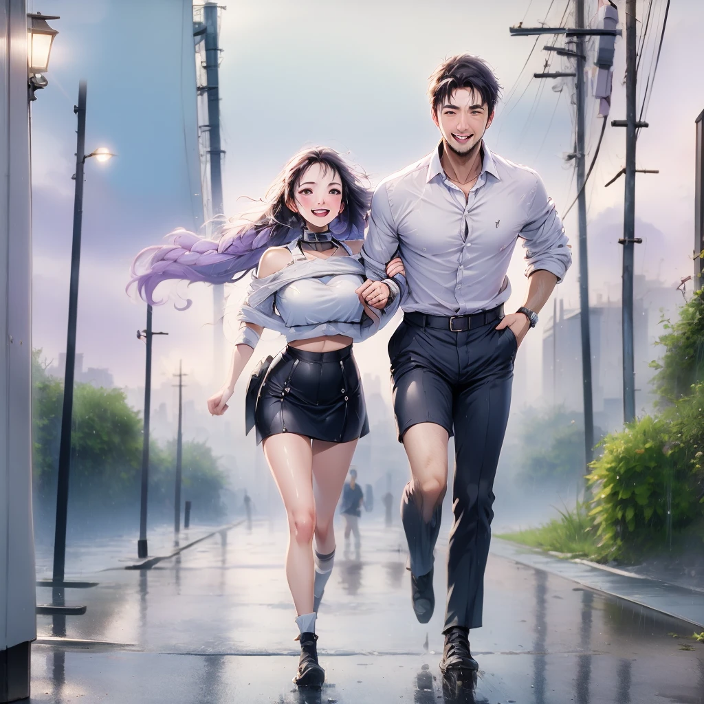 (masterpiece, highest quality:1.2), A man and a woman running in the rain, A man is playing with a girl in the rain, smile, Wet, Wet Hair, Wet day, Dark Sky, Gloomy Rain, Couple, romantic, romantic scenery, Cinema Lighting, Cinematic landscape, romantic, Soft Light, wallpaper, Expanding Landscape, 1 girl, 1 male, whole body