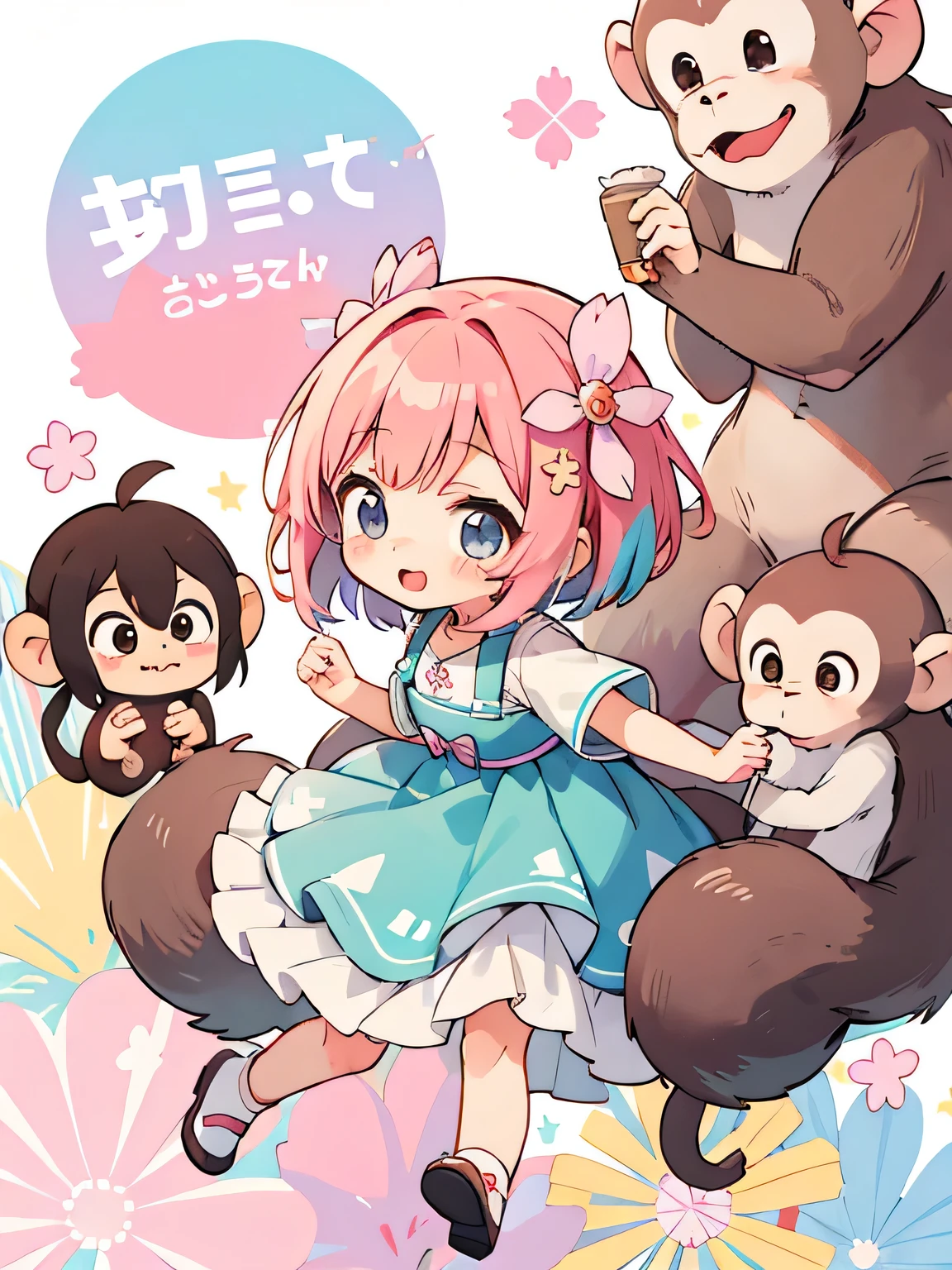 Momoko Sakura Style, Kawaii Design, most beautiful girl ever、Chibi, Colorful bob hair、((Lots of monkeys))、amusement park