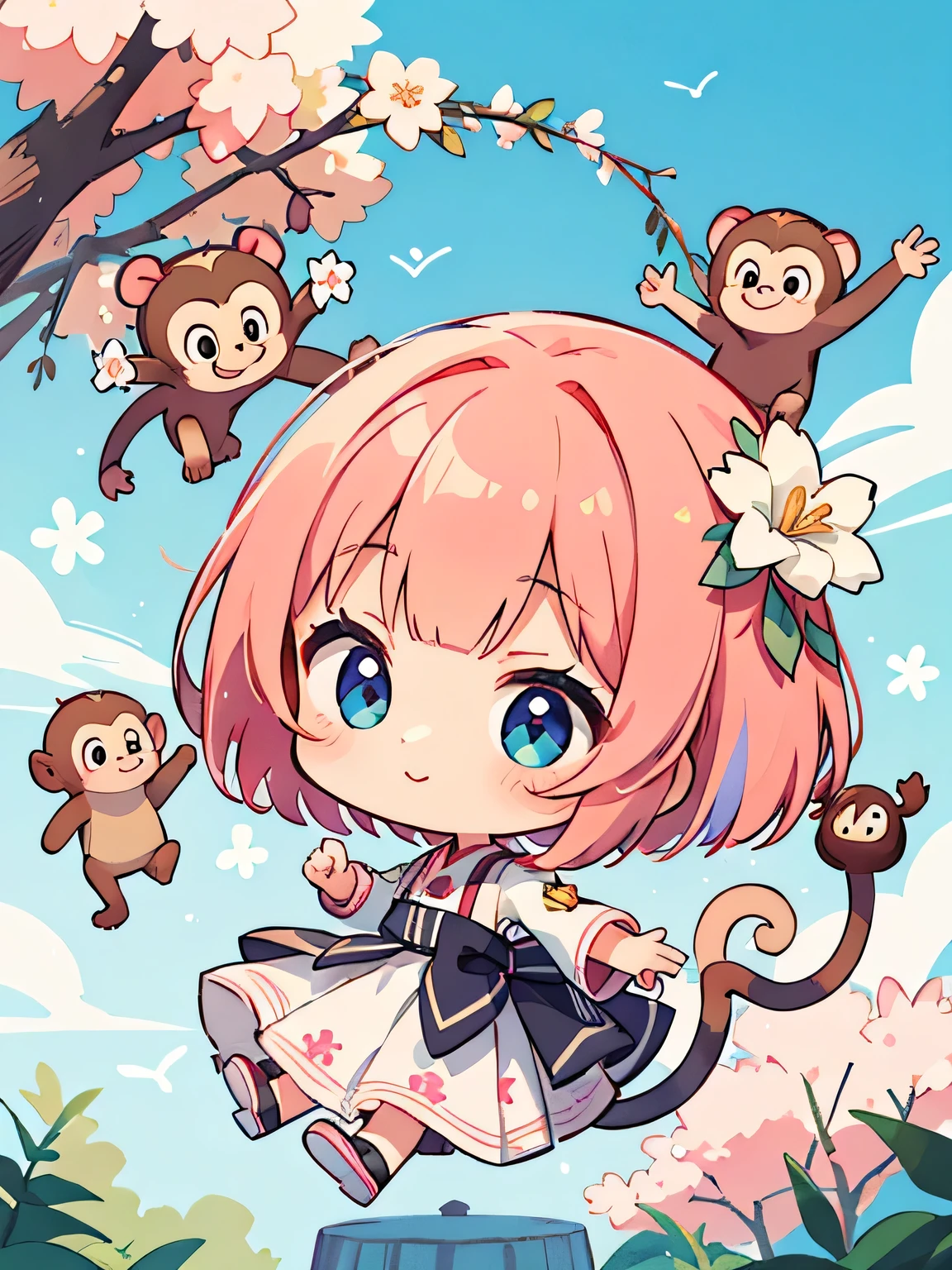 Momoko Sakura Style, Kawaii Design, most beautiful girl ever、Chibi, Colorful bob hair、((Lots of monkeys))、amusement park
