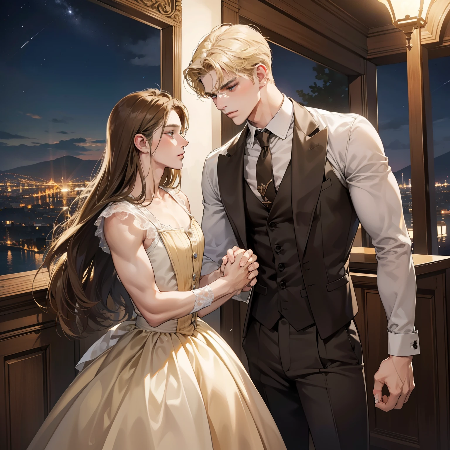 (Extremely detailed, best quality, RAW photos), Brown haired men and blonde idol men, spouse, Night view, Holding Hands.
18th century,Scene of an intimate moment between a sexy brunette man and a handsome blond man. blond man, Chiseled features and piercing eyes, Wearing a well-tailored suit,Highlights his muscular development. The Night view behind them