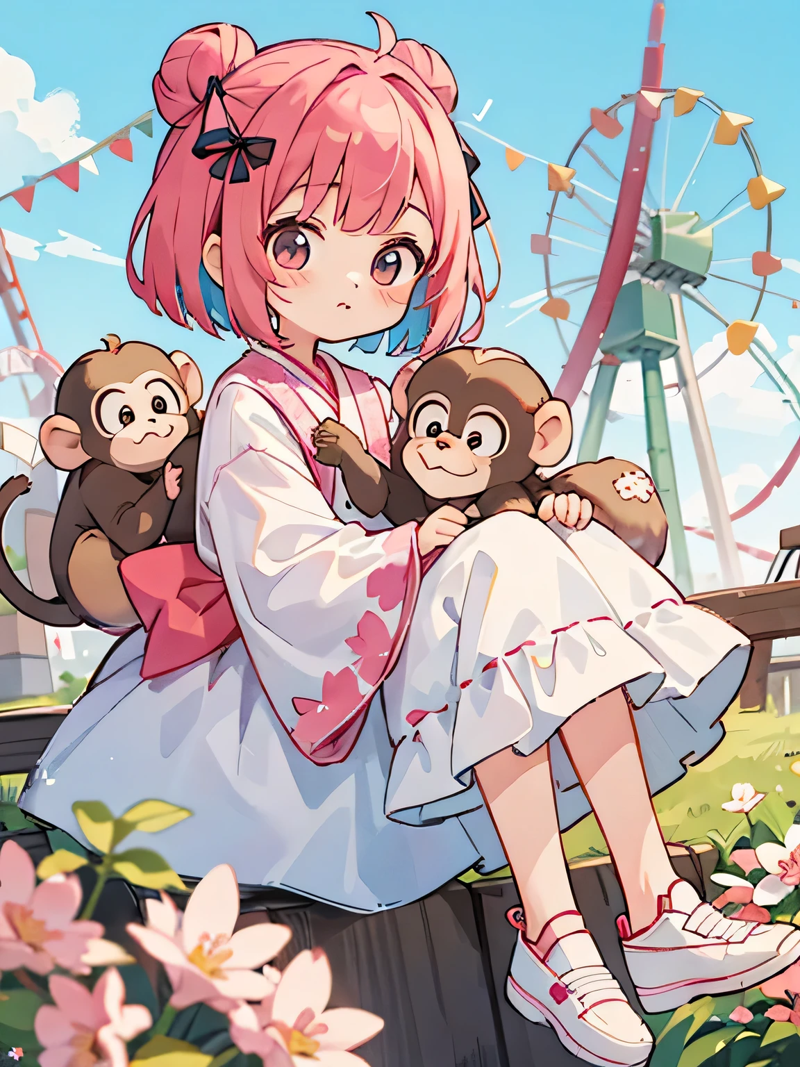 Momoko Sakura Style, Kawaii Design, most beautiful girl ever、Chibi, Colorful bob hair、((Lots of monkeys))、amusement park