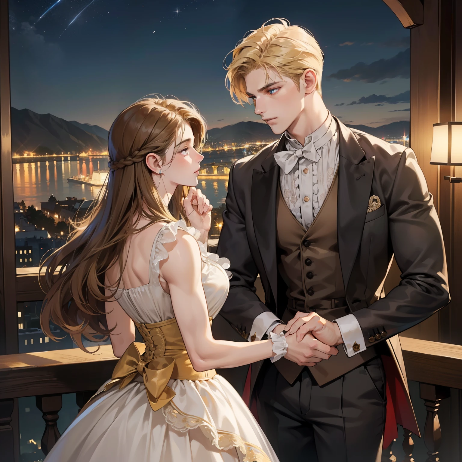 (Extremely detailed, best quality, RAW photos), Brown haired men and blonde idol men, spouse, Night view, Holding Hands.
18th century,Scene of an intimate moment between a sexy brunette man and a handsome blond man. blond man, Chiseled features and piercing eyes, Wearing a well-tailored suit,Highlights his muscular development. The Night view behind them