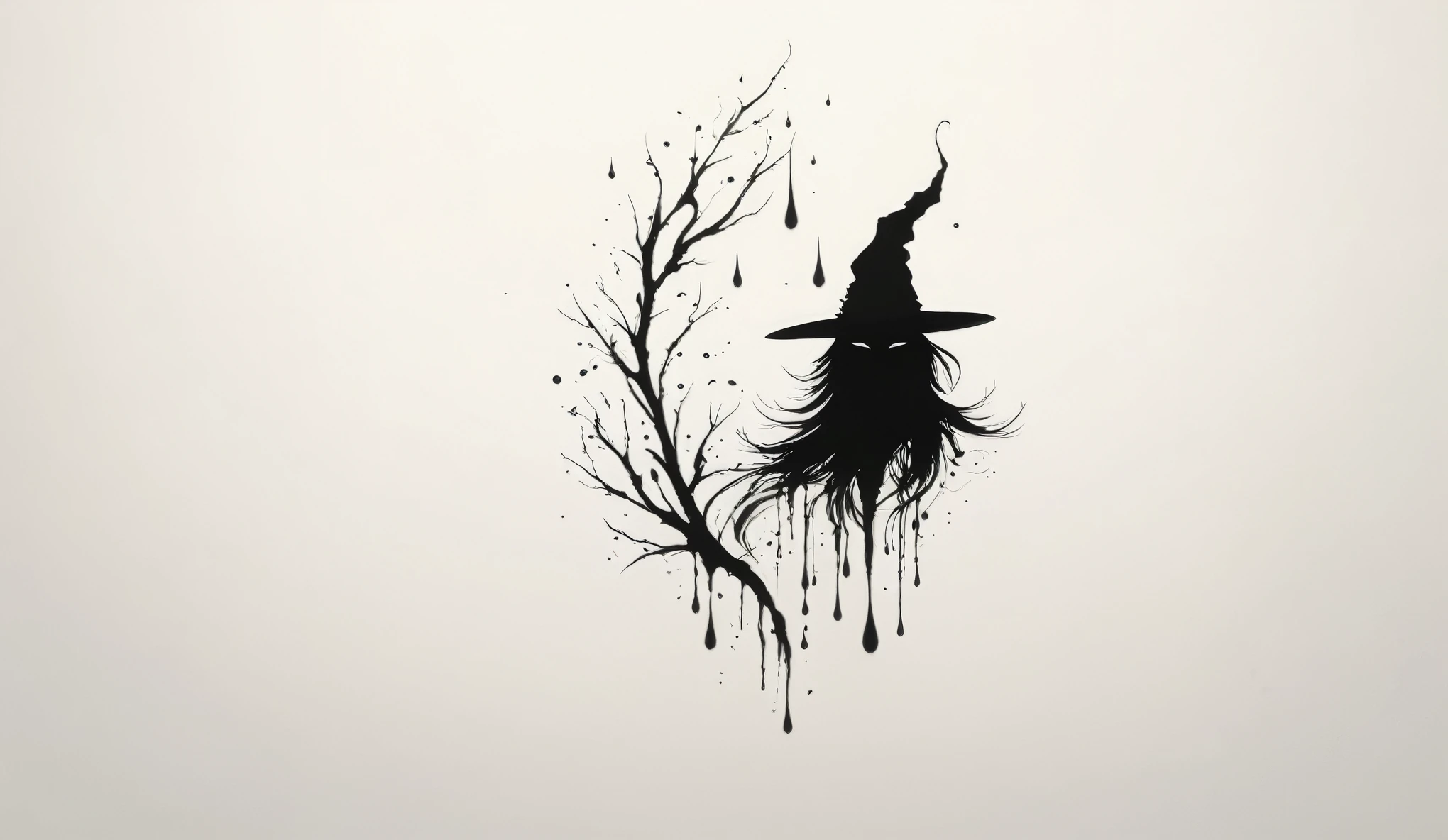 Create a simple and elegant plant witch logo,nature, shedding niobium tears. The design should convey a strong sense of sadness and melancholy, using a minimalist approach with clear ugly lines and using only deep matte black, nicola samori,ben templsmith,Irina Yermolova