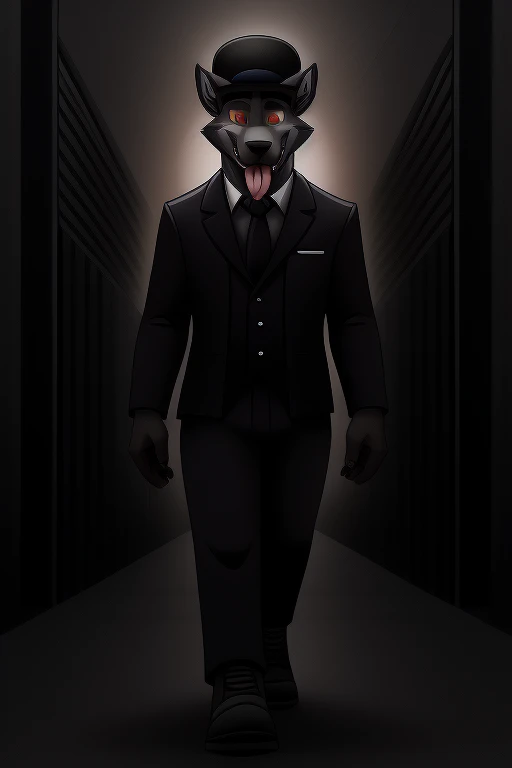 Vortex hellhound, gray fur, walking, tongue out, using a Dor-15 bowler hat, (hat which has a robotic eye) on its front, with an eye in a black worker's uniform, dark industrial factory background 